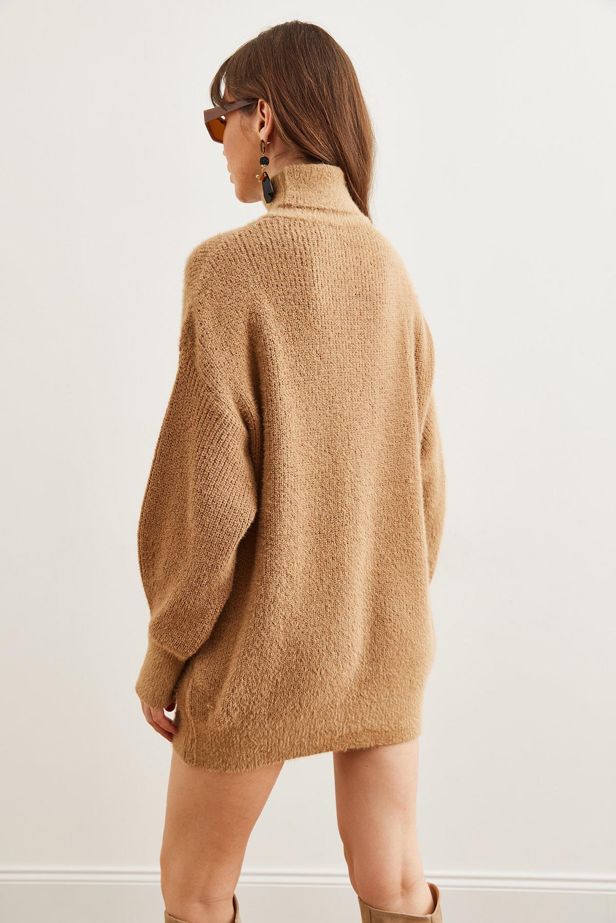 Balıkçı Yaka Yumuşak Dokulu Sakal Triko Tunik Camel
