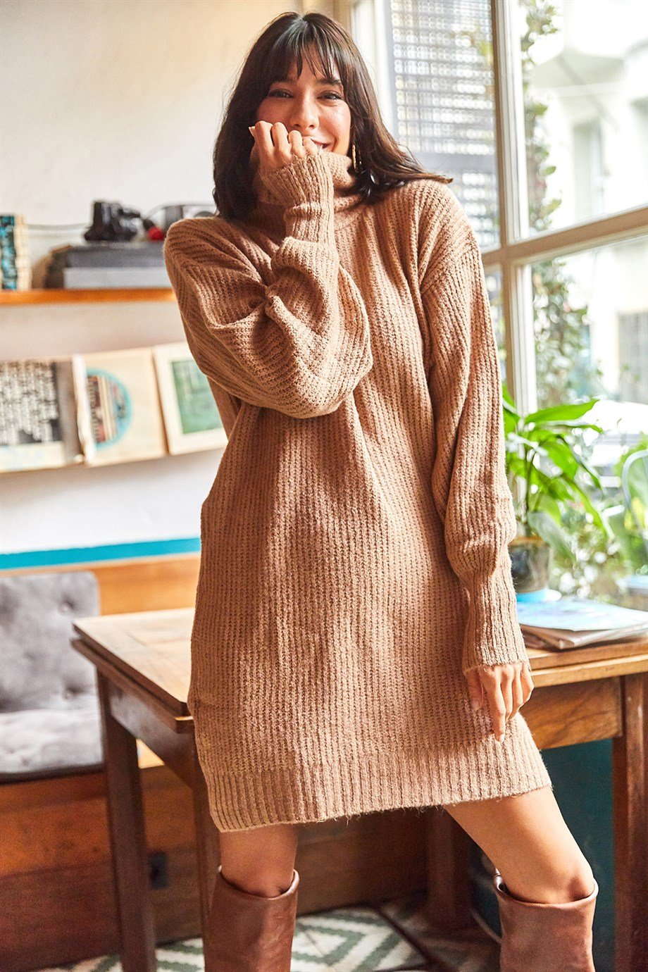 Balıkçı Yaka Yumuşak Dokulu Triko Tunik Elbise Camel