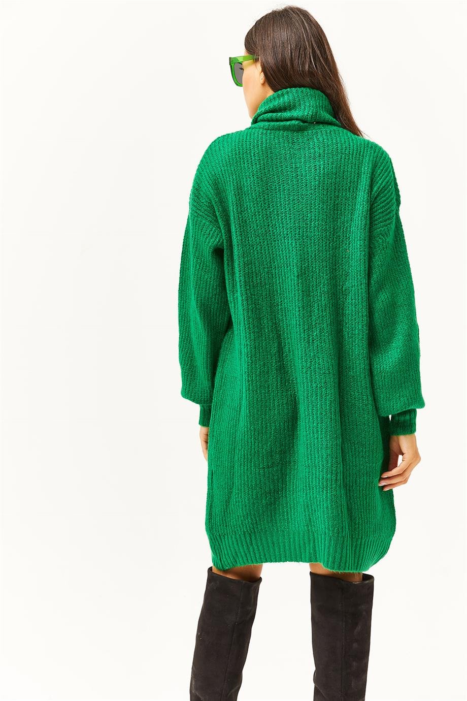 Balıkçı Yaka Yumuşak Dokulu Triko Tunik Elbise Çimen Yeşili