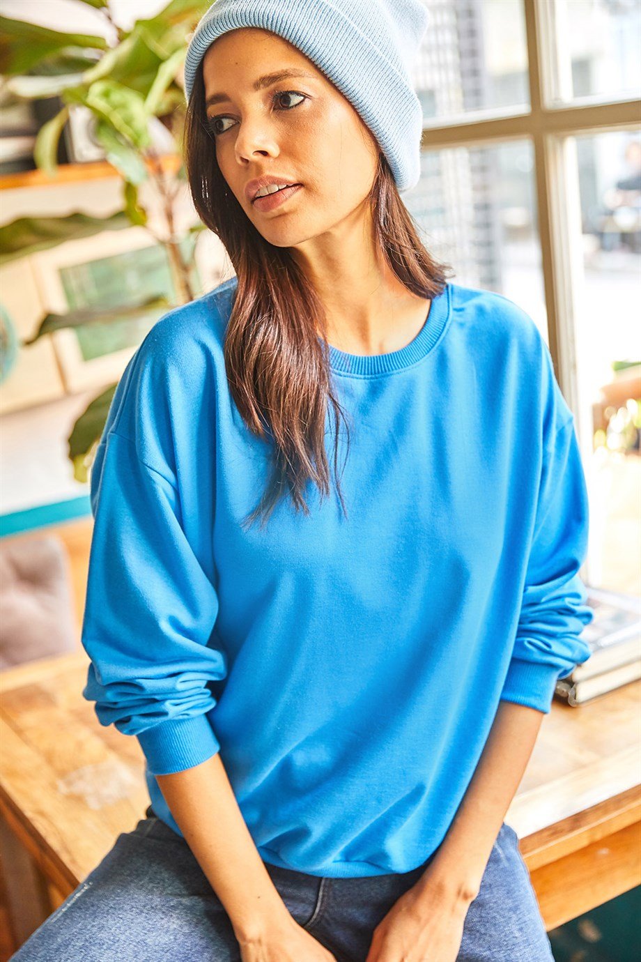 Basic Yumuşak Dokulu Salaş Sweatshirt Düz Mavi