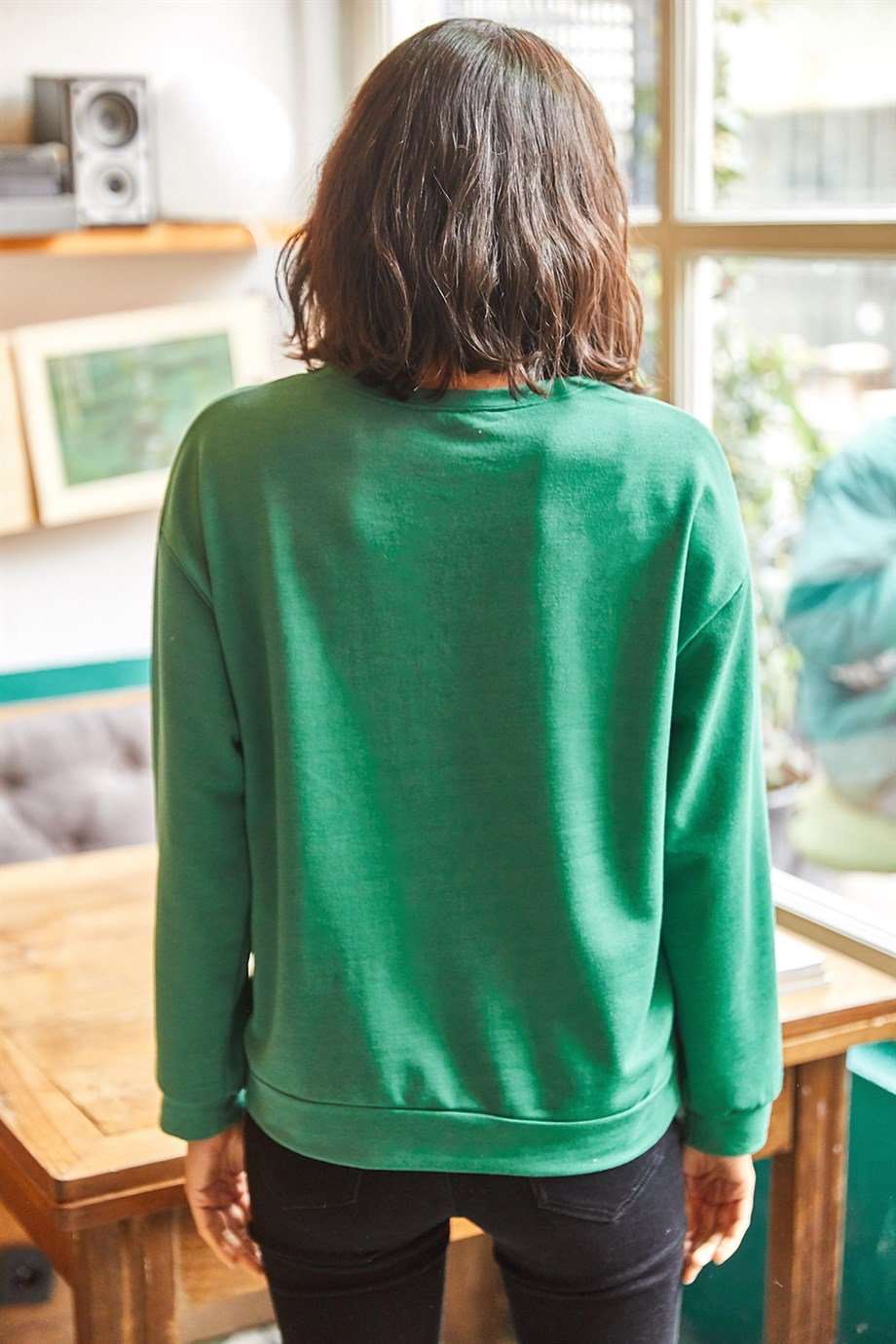 Basic Yumuşak Dokulu Salaş Sweatshirt Düz Zümrüt Yeşili
