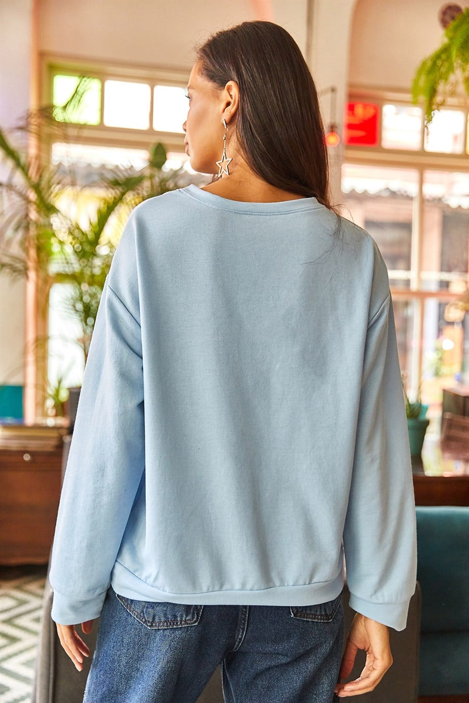Basic Yumuşak Dokulu Salaş Sweatshirt Düz Bebe Mavi