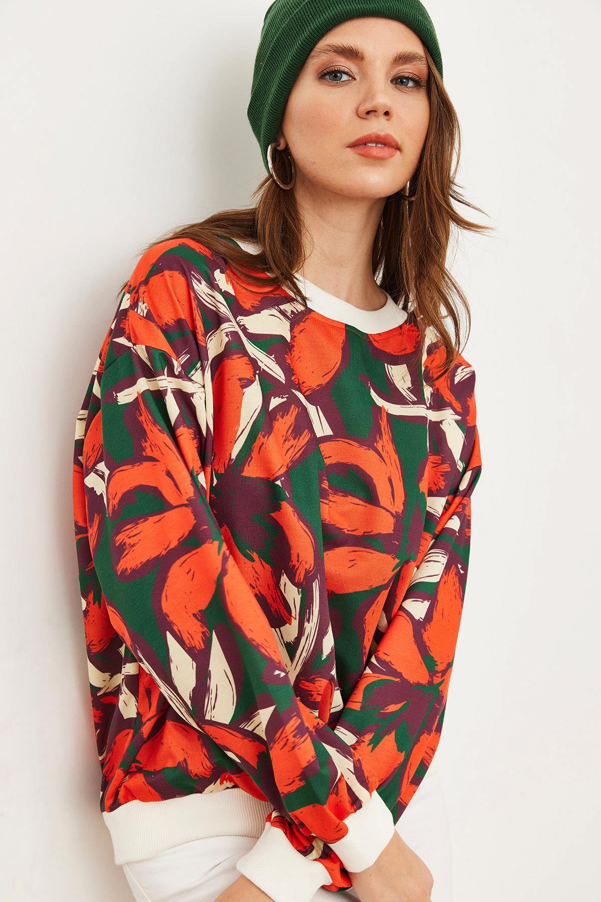 Basic Yumuşak Dokulu Salaş Sweatshirt Turuncu Yeşil