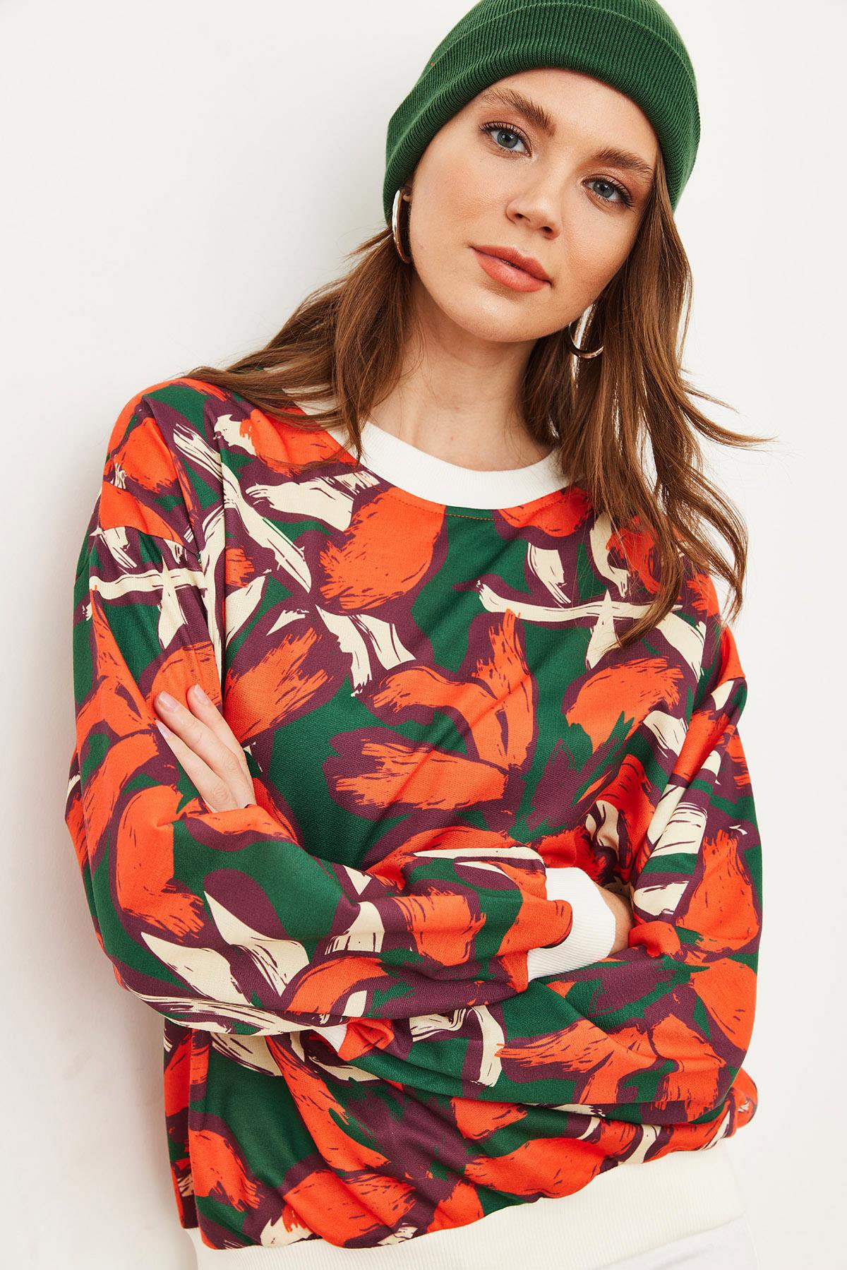 Basic Yumuşak Dokulu Salaş Sweatshirt Turuncu Yeşil