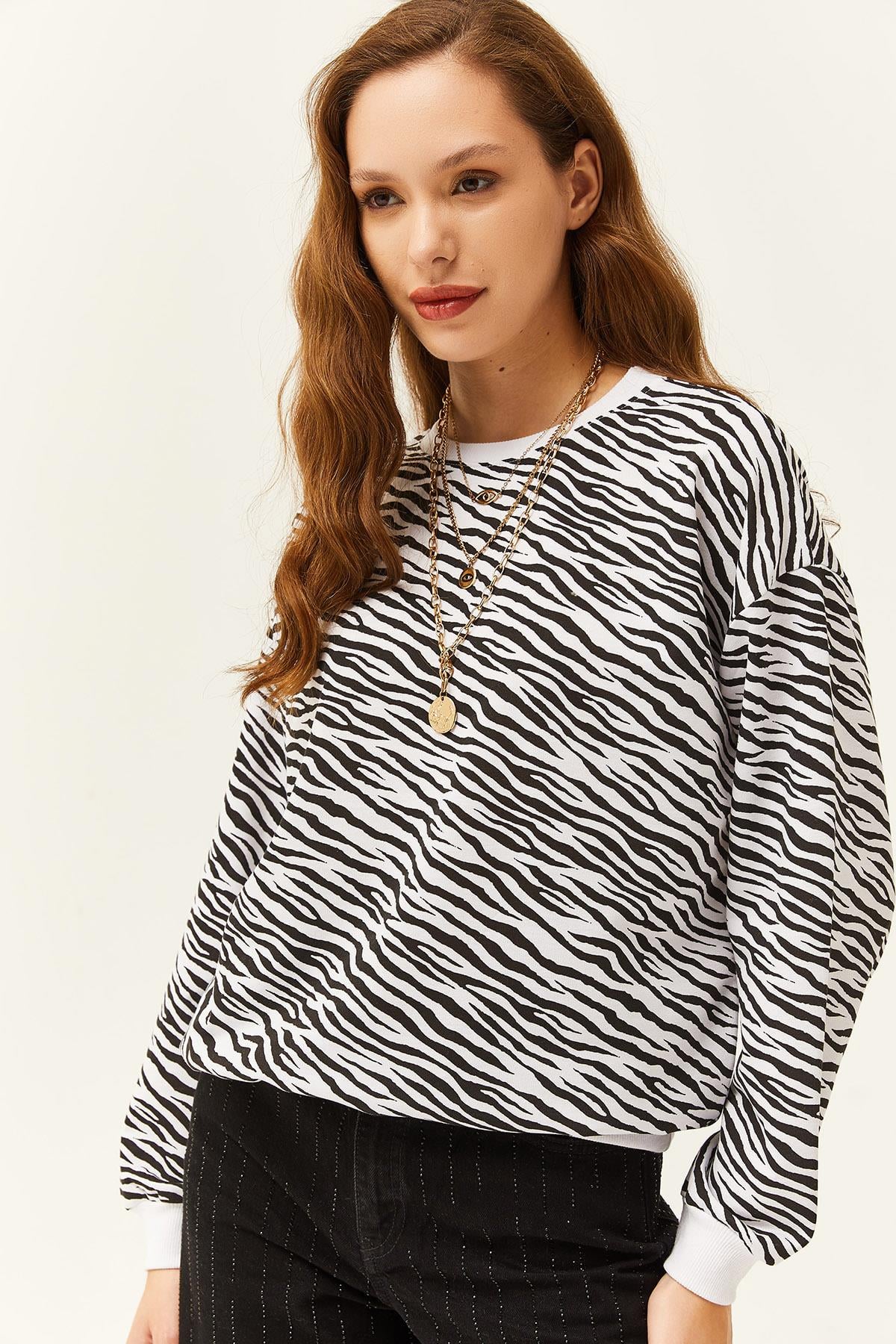 Basic Yumuşak Dokulu Salaş Sweatshirt Zebra Siyah