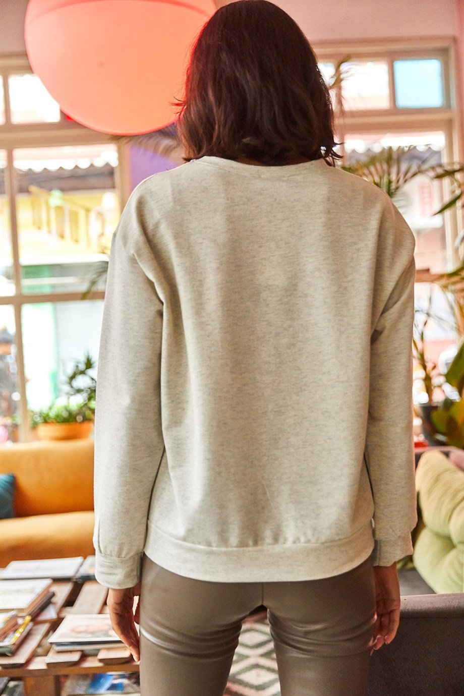 Basic Yumuşak Dokulu Salaş Sweatshirt Ekru Melanj