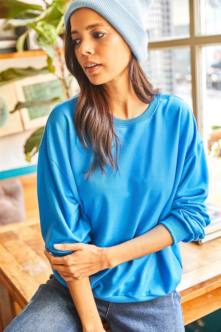 Basic Yumuşak Dokulu Salaş Sweatshirt Düz Mavi