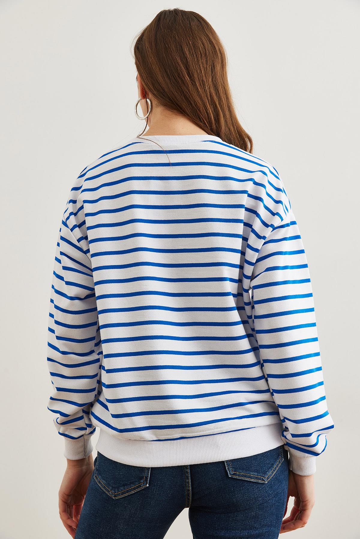 Basic Yumuşak Dokulu Salaş Sweatshirt Beyaz Saks Mavi
