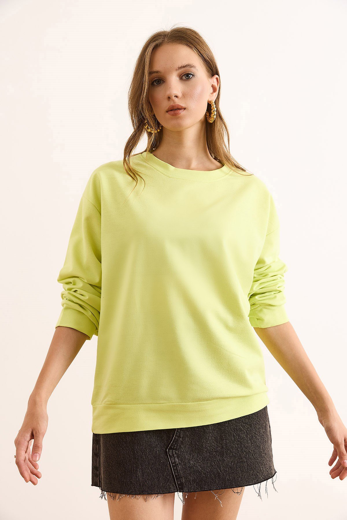 Basic Yumuşak Dokulu Salaş Sweatshirt Düz Neon Sarı