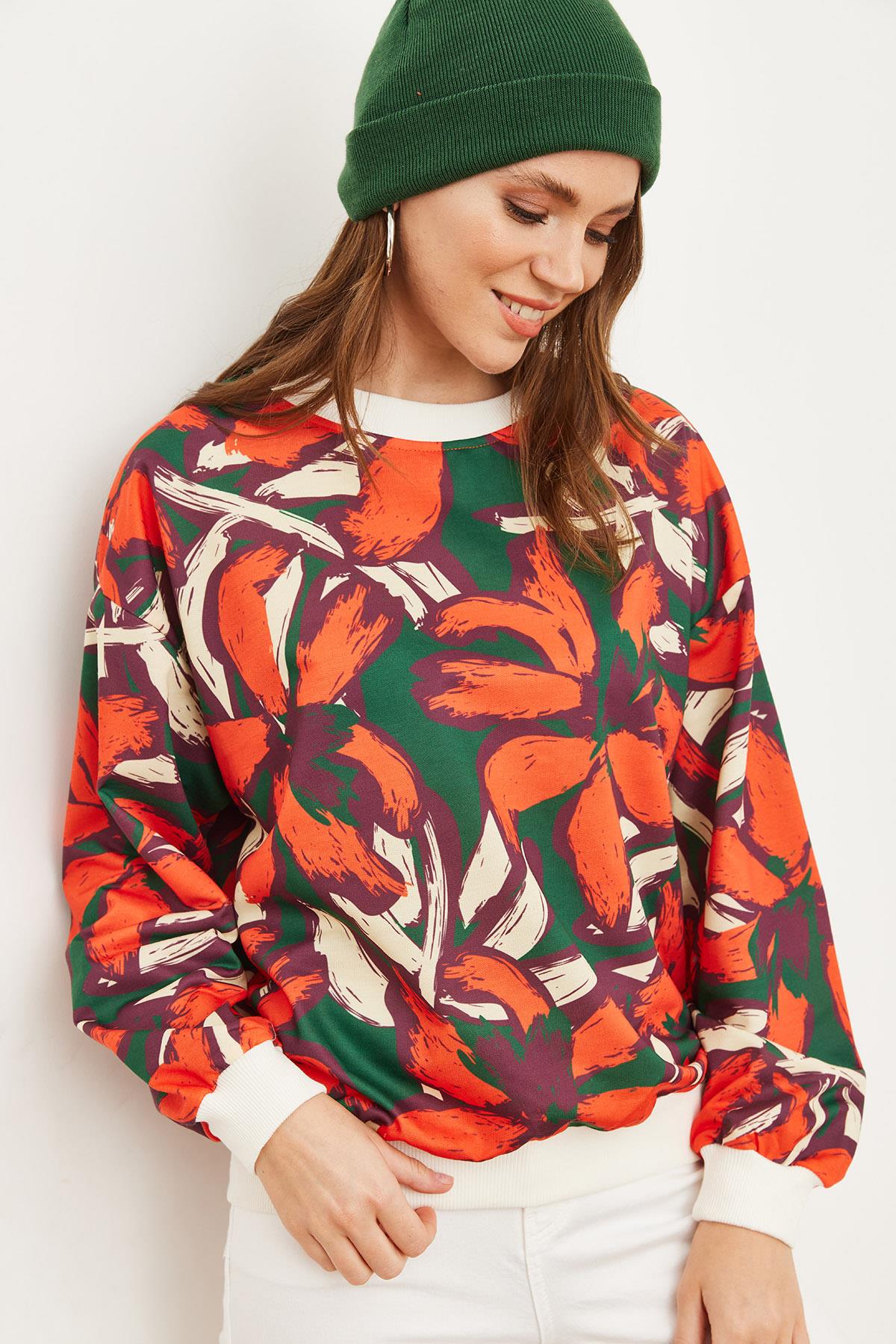Basic Yumuşak Dokulu Salaş Sweatshirt Turuncu Yeşil