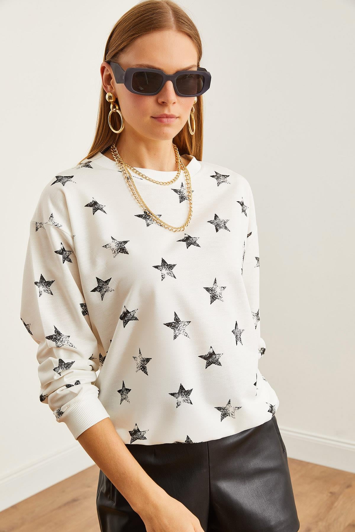 Basic Yumuşak Dokulu Salaş Sweatshirt Varak Beyaz