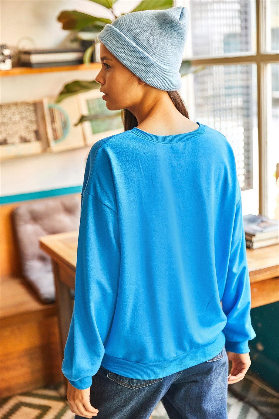 Basic Yumuşak Dokulu Salaş Sweatshirt Düz Mavi