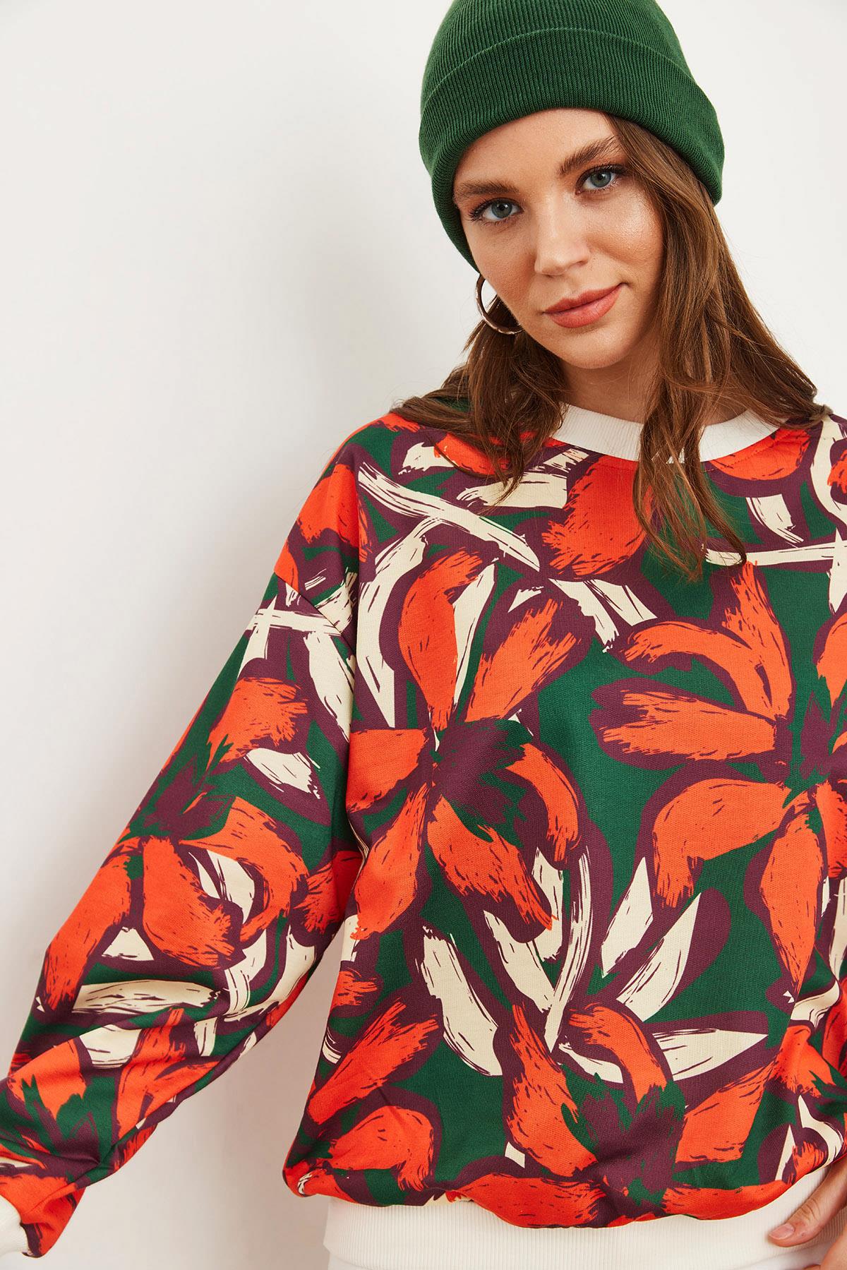 Basic Yumuşak Dokulu Salaş Sweatshirt Turuncu Yeşil