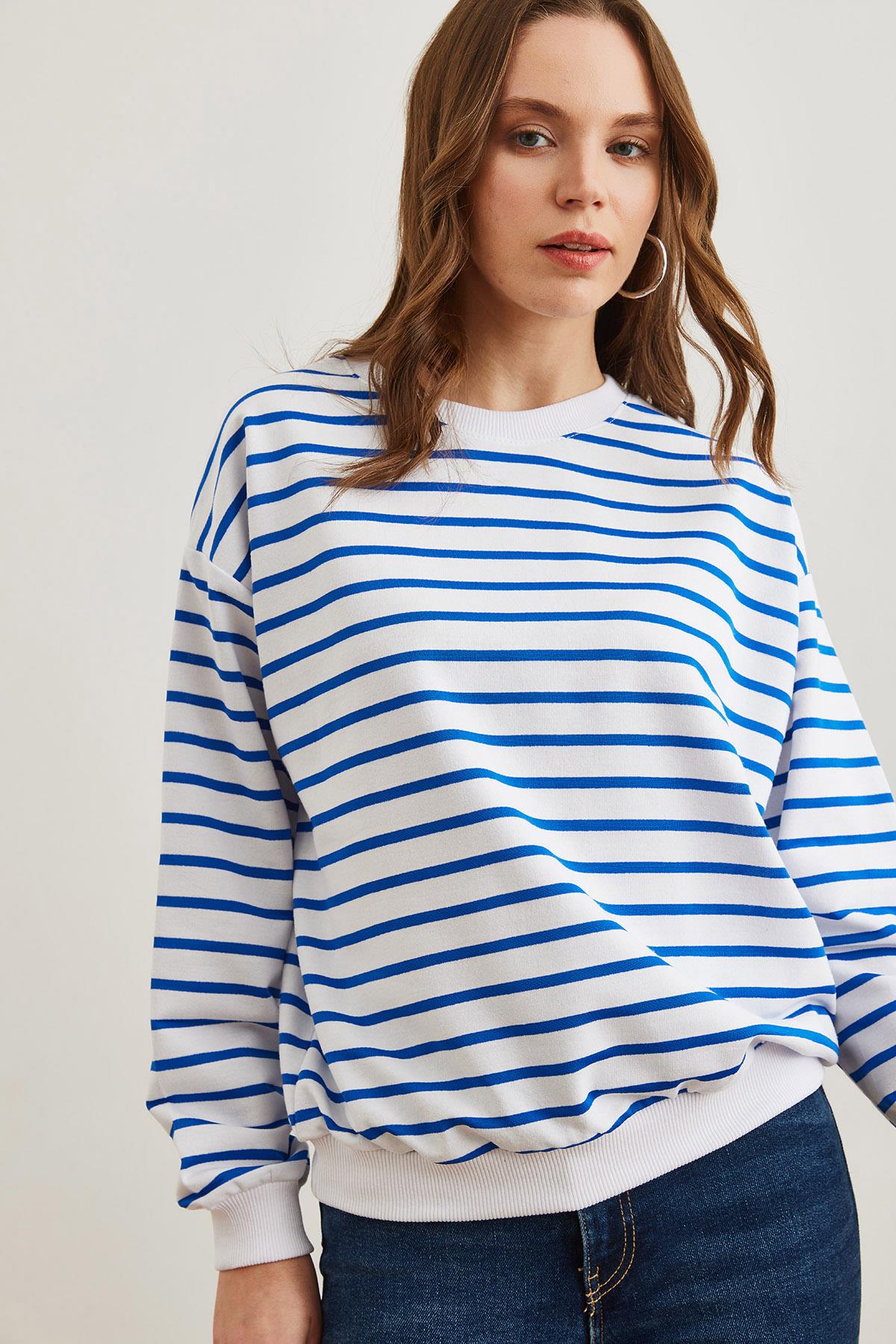 Basic Yumuşak Dokulu Salaş Sweatshirt Beyaz Saks Mavi