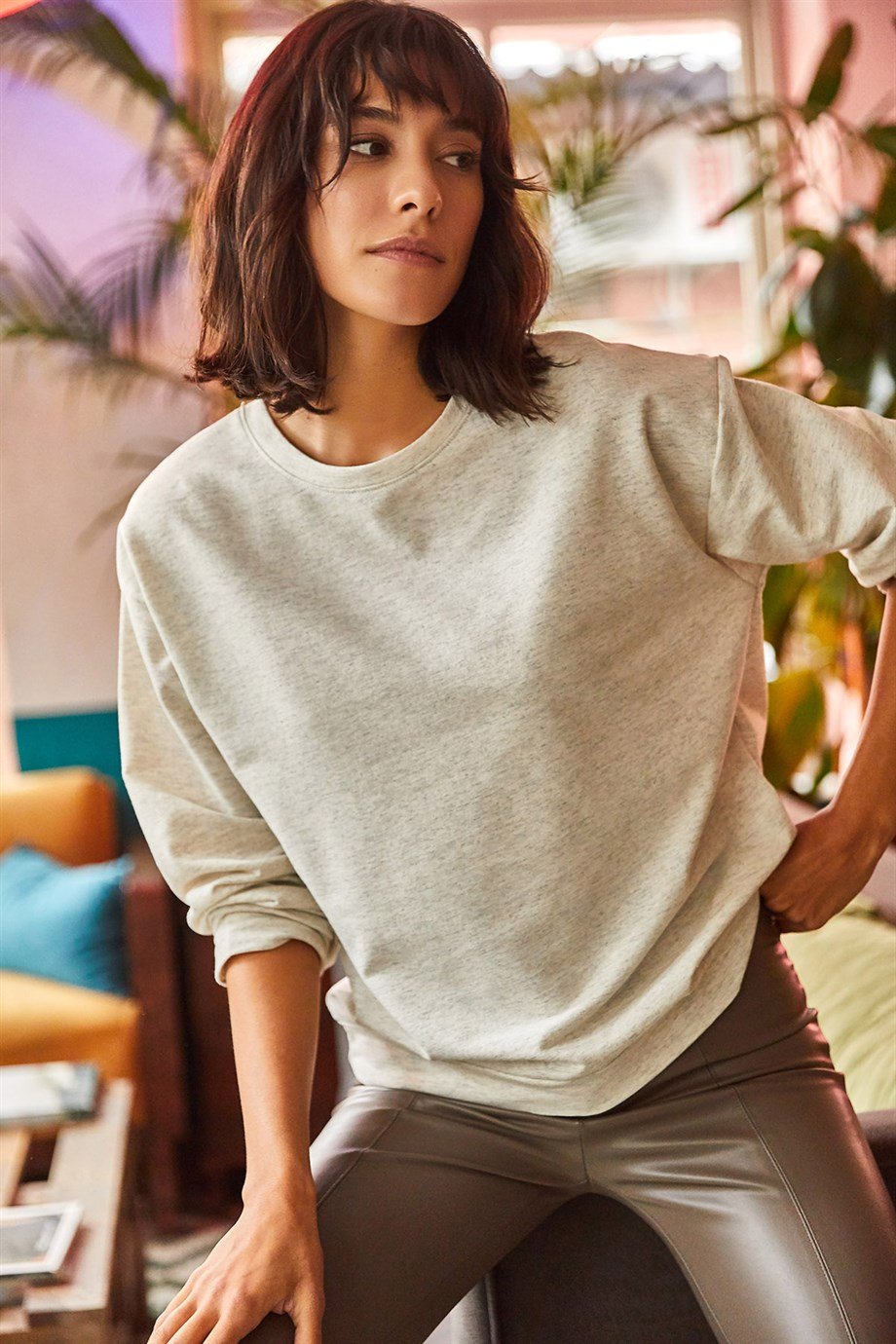 Basic Yumuşak Dokulu Salaş Sweatshirt Ekru Melanj