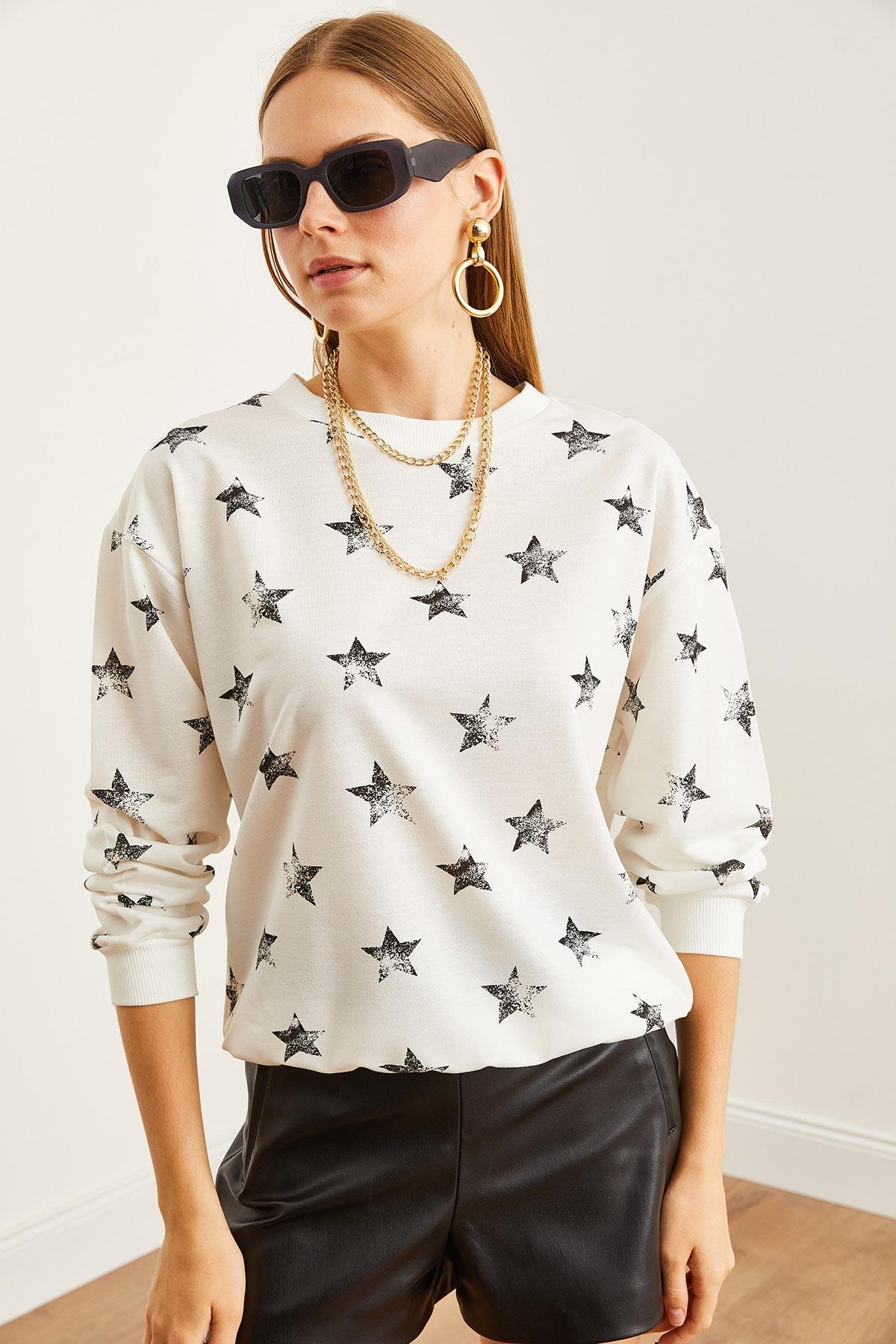 Basic Yumuşak Dokulu Salaş Sweatshirt Varak Beyaz