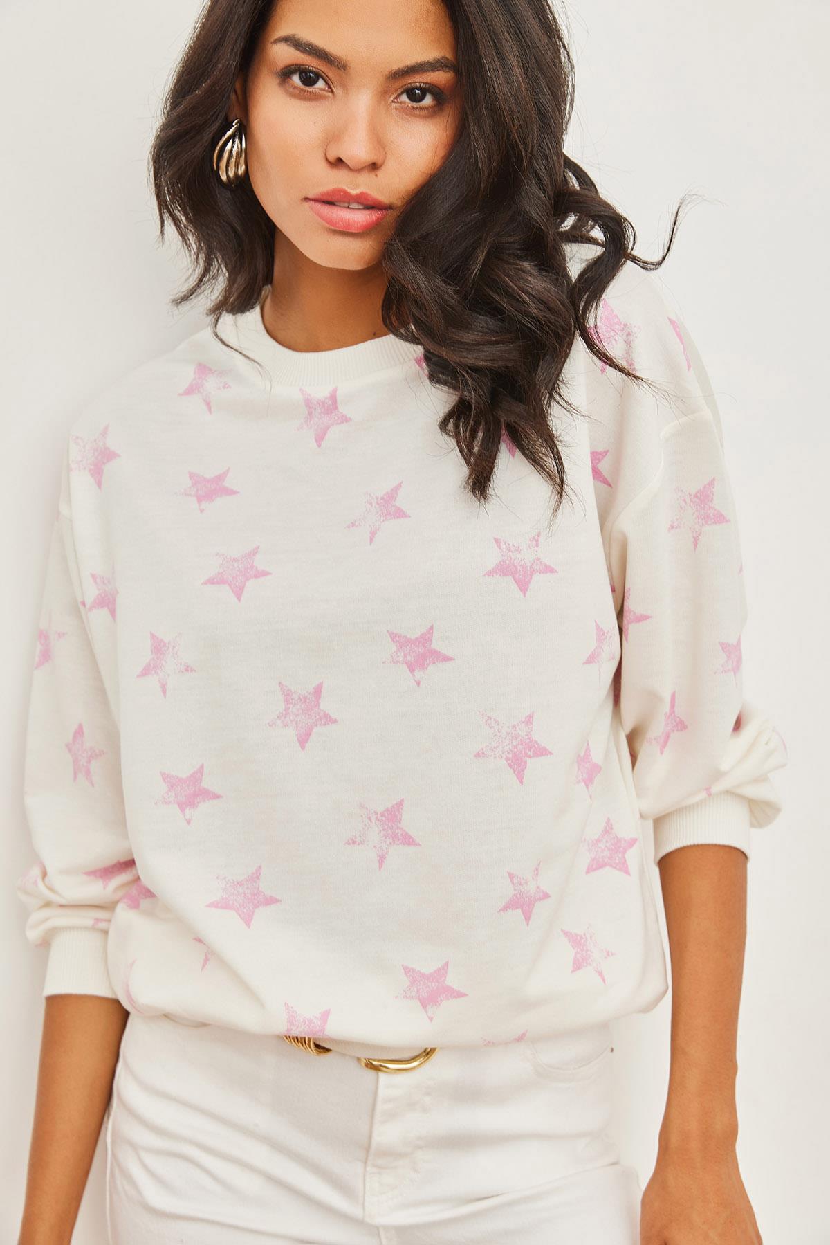 Basic Yumuşak Dokulu Salaş Sweatshirt Yıldız Pembe