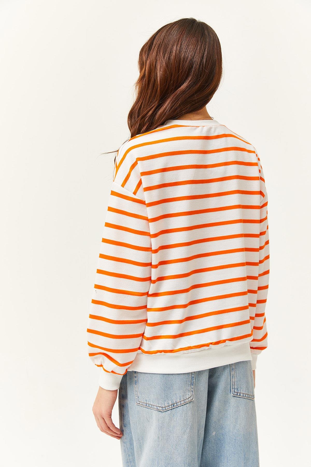 Basic Yumuşak Dokulu Salaş Sweatshirt Beyaz Neon Turuncu