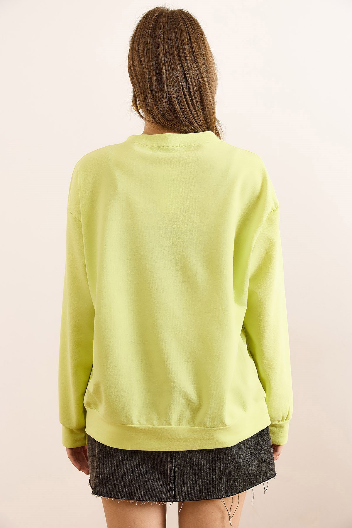 Basic Yumuşak Dokulu Salaş Sweatshirt Düz Neon Sarı