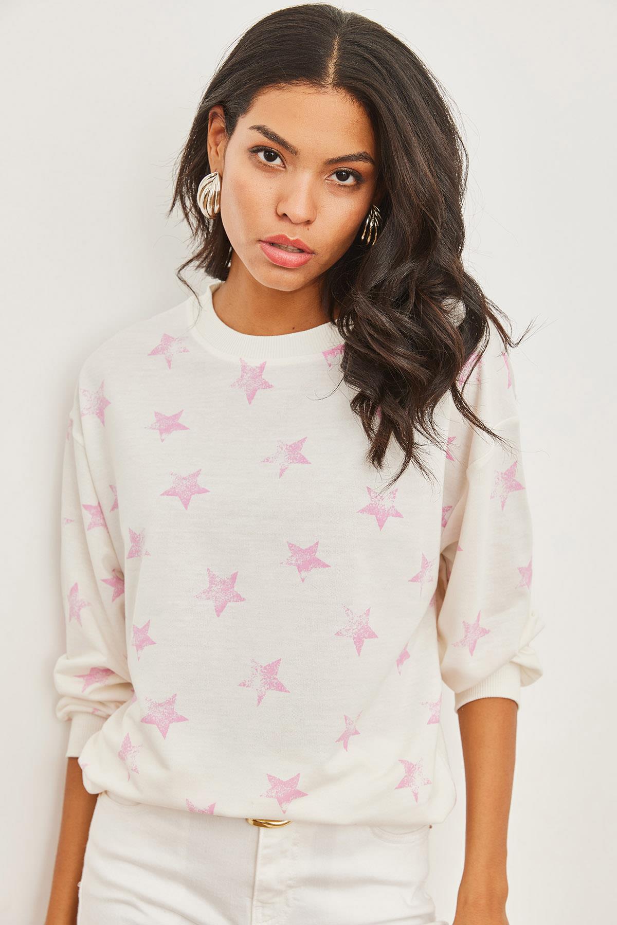 Basic Yumuşak Dokulu Salaş Sweatshirt Yıldız Pembe