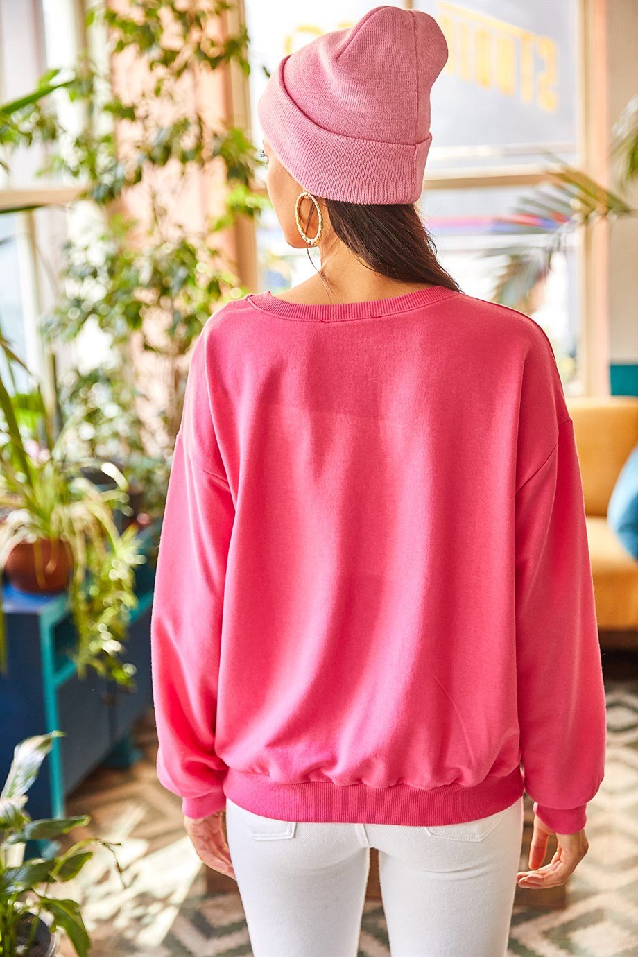 Basic Yumuşak Dokulu Salaş Sweatshirt Düz Fuşya