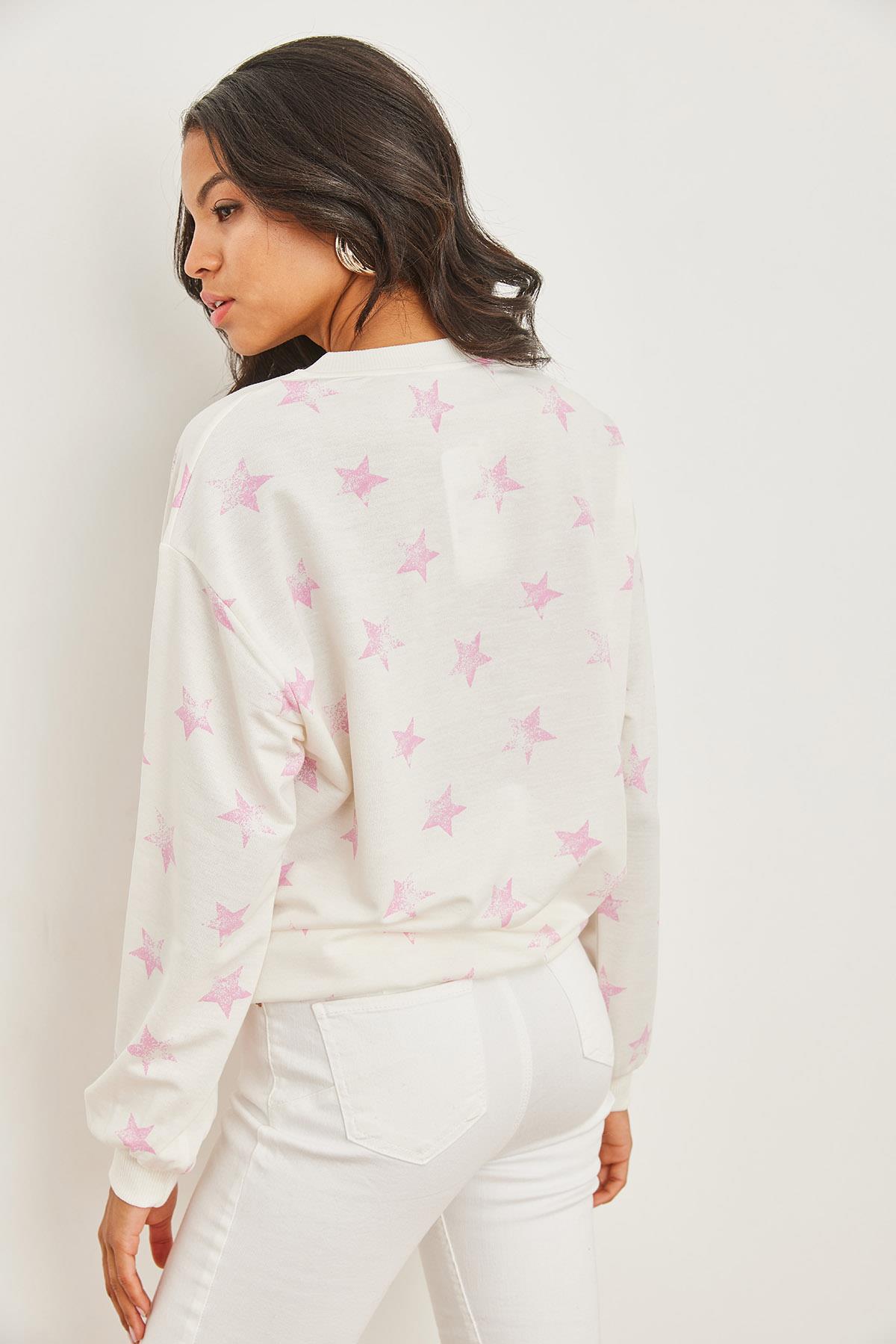 Basic Yumuşak Dokulu Salaş Sweatshirt Yıldız Pembe