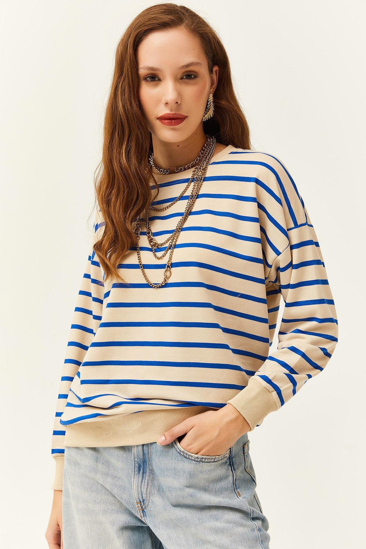 Basic Yumuşak Dokulu Salaş Sweatshirt Taş Mavi