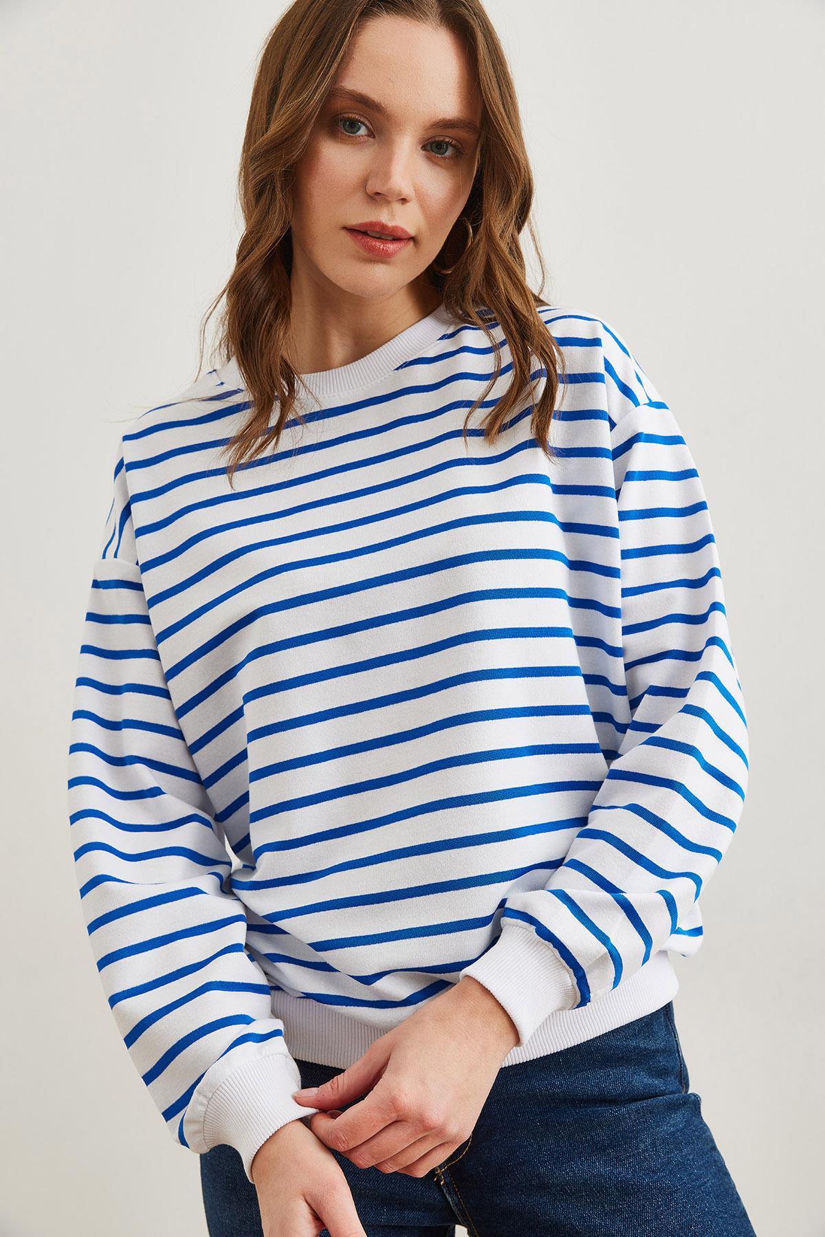 Basic Yumuşak Dokulu Salaş Sweatshirt Beyaz Saks Mavi