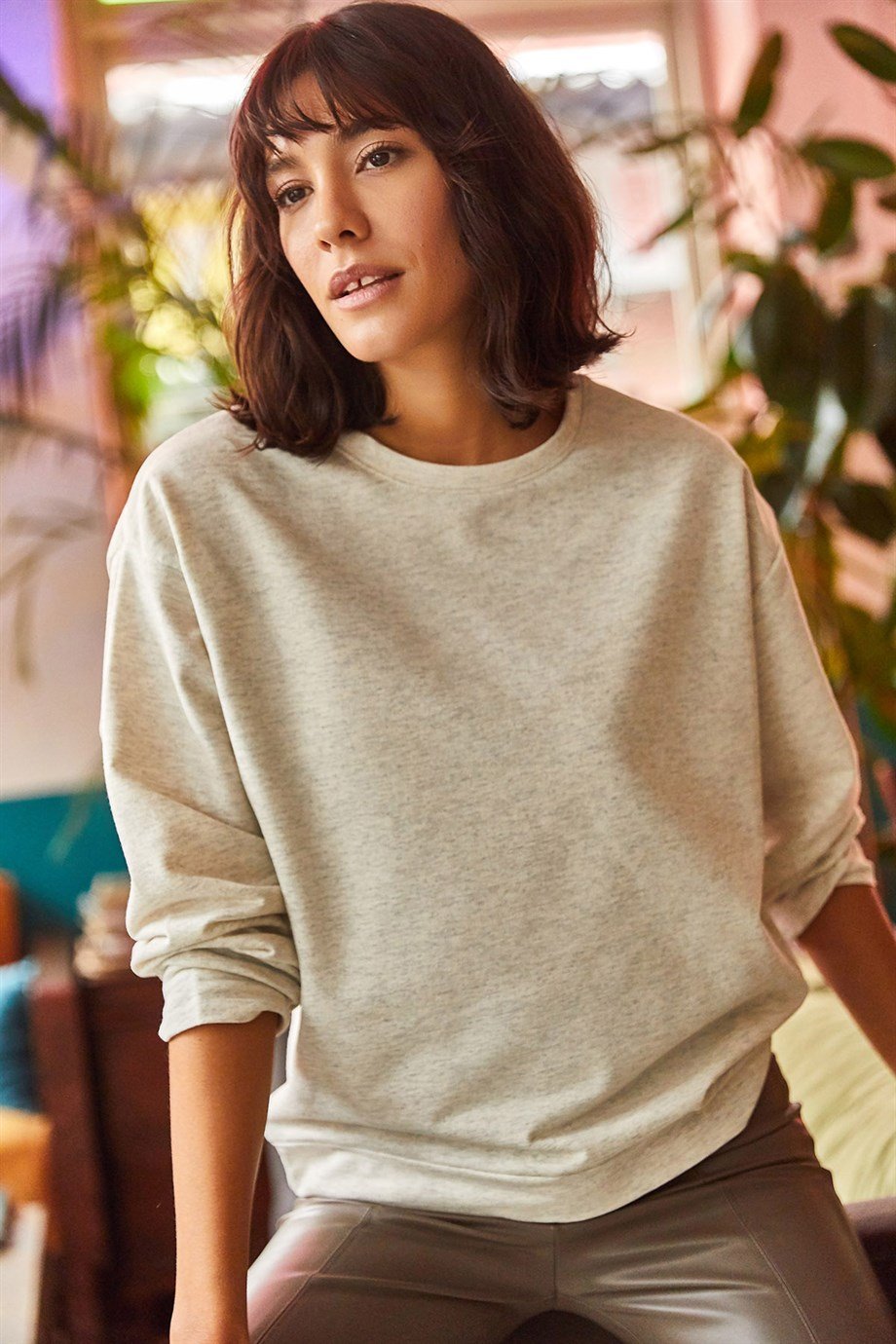 Basic Yumuşak Dokulu Salaş Sweatshirt Ekru Melanj