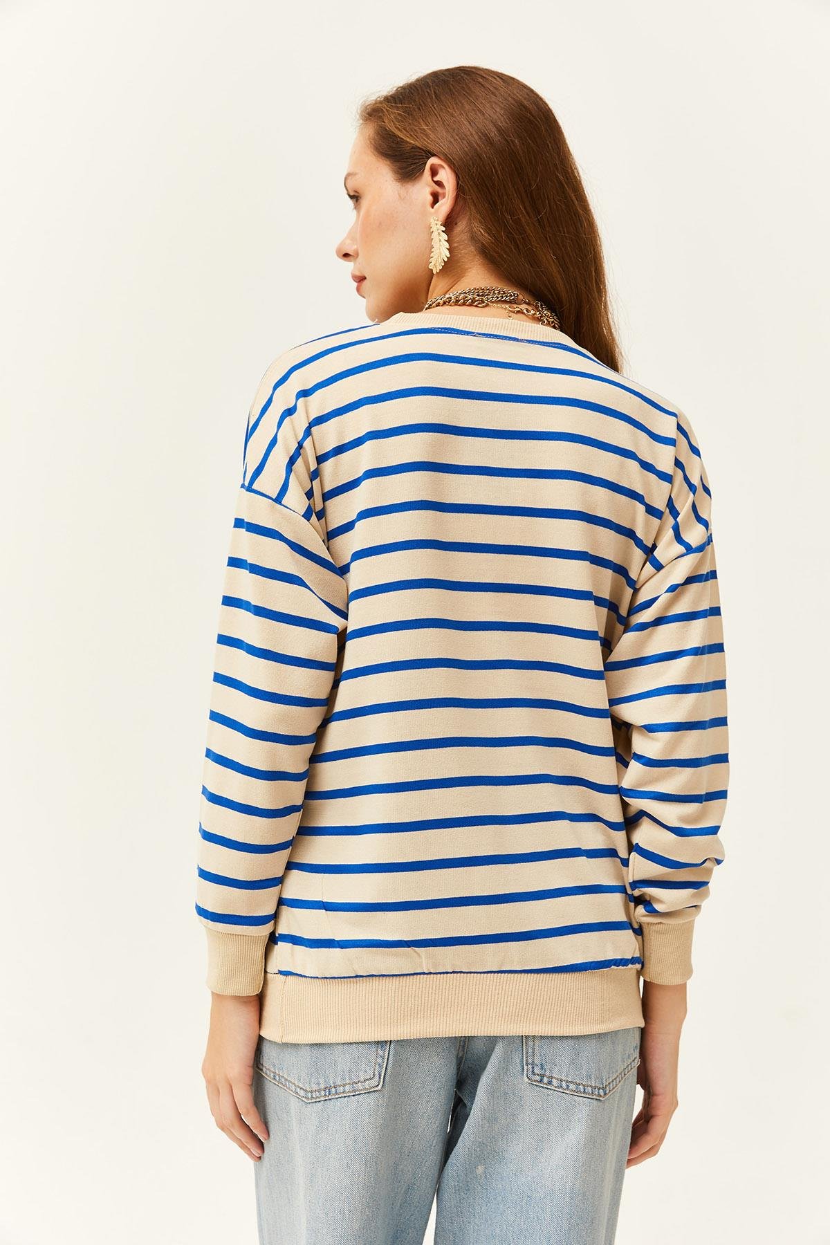 Basic Yumuşak Dokulu Salaş Sweatshirt Taş Mavi