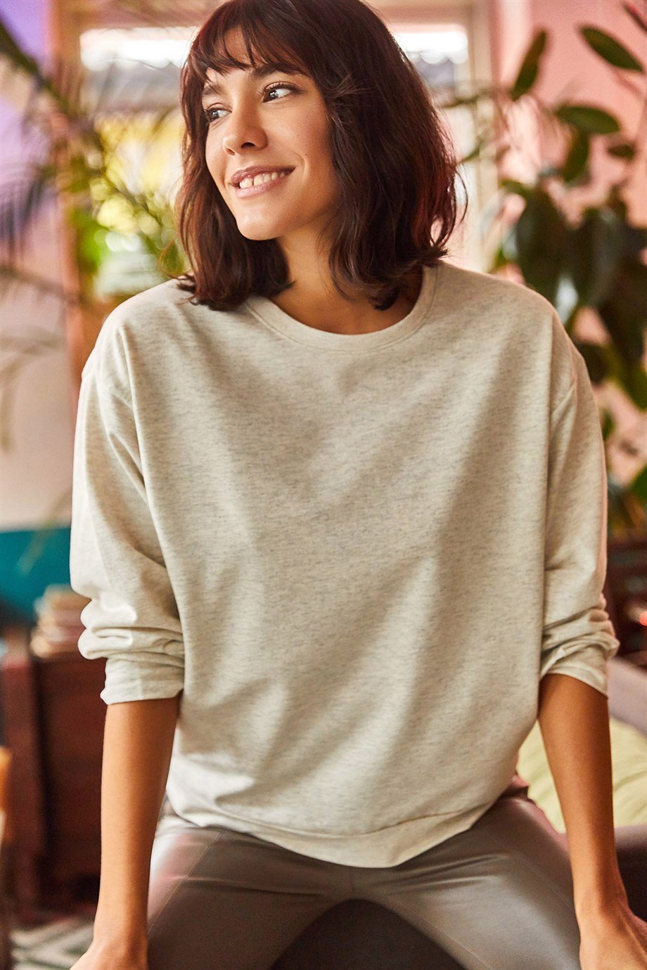 Basic Yumuşak Dokulu Salaş Sweatshirt Ekru Melanj