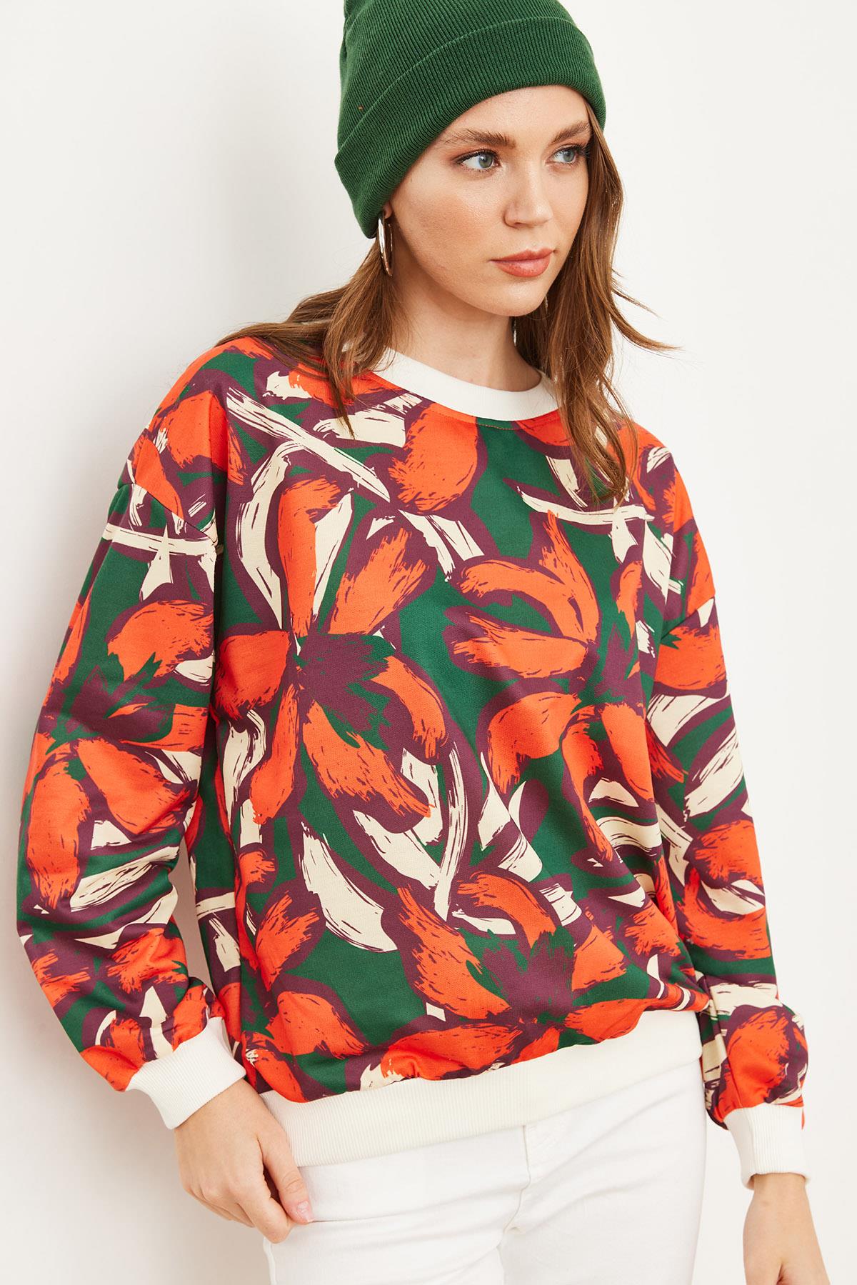 Basic Yumuşak Dokulu Salaş Sweatshirt Turuncu Yeşil