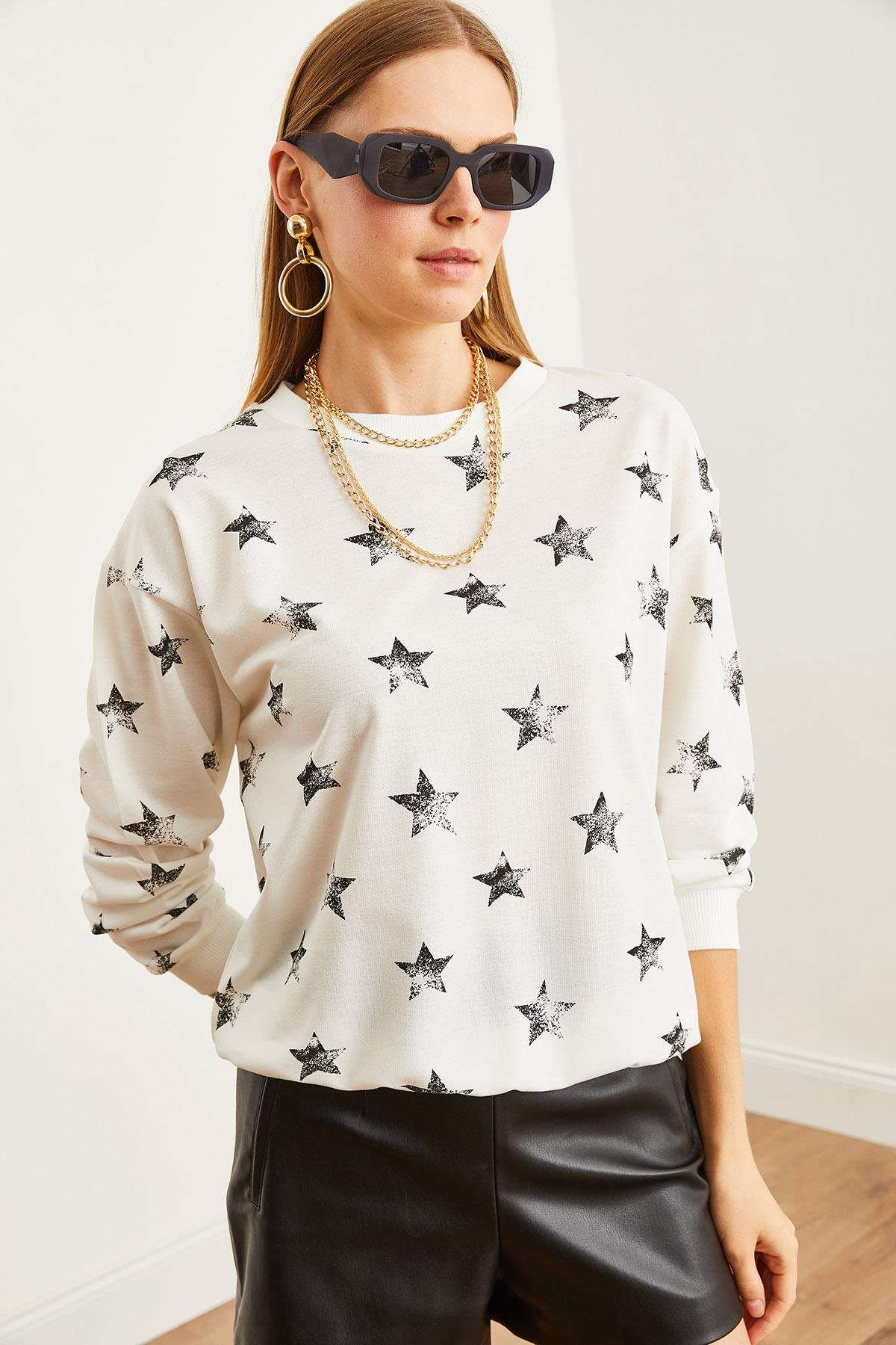 Basic Yumuşak Dokulu Salaş Sweatshirt Varak Beyaz