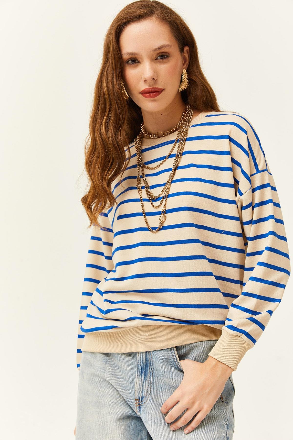 Basic Yumuşak Dokulu Salaş Sweatshirt Taş Mavi