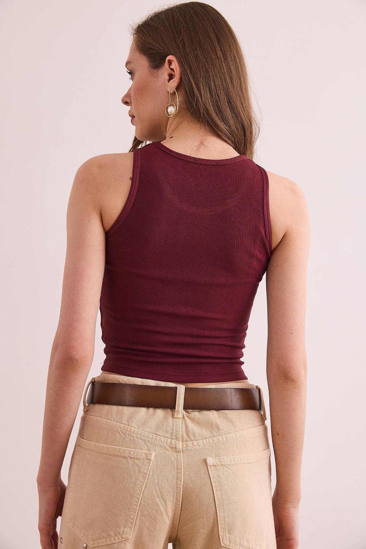 Baskı Taşlı İnce Fitilli Crop Bluz Bordo