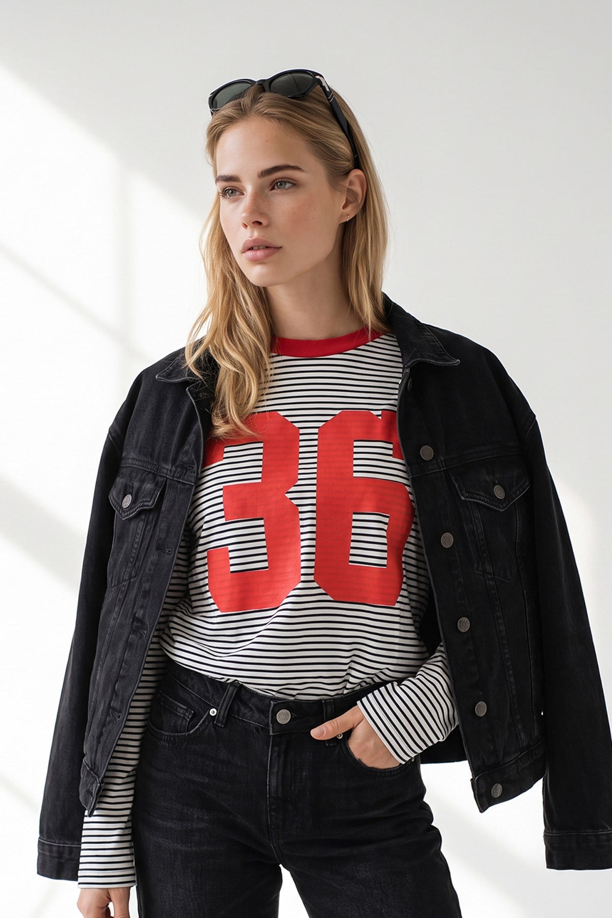 Baskılı Arma Detaylı Pamuk Çizgili Sweatshirt Beyaz