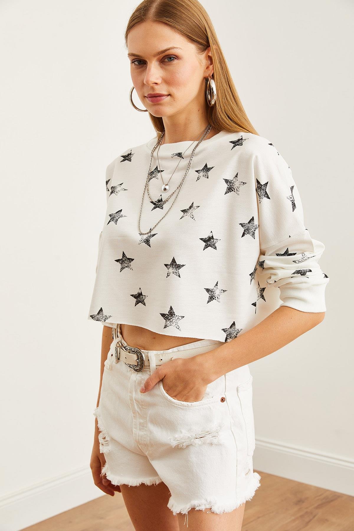 Baskılı Crop İnce Sweatshirt Varak Beyaz