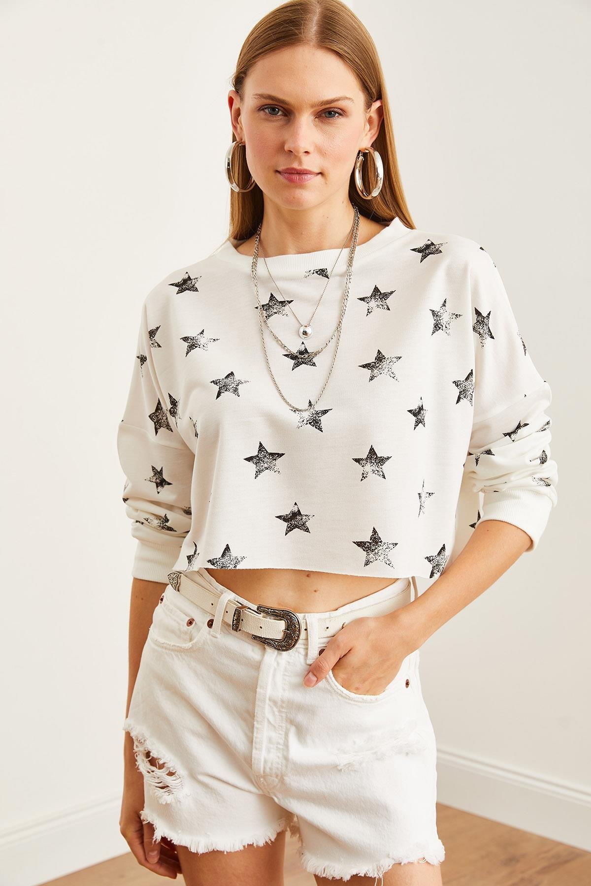 Baskılı Crop İnce Sweatshirt Varak Beyaz