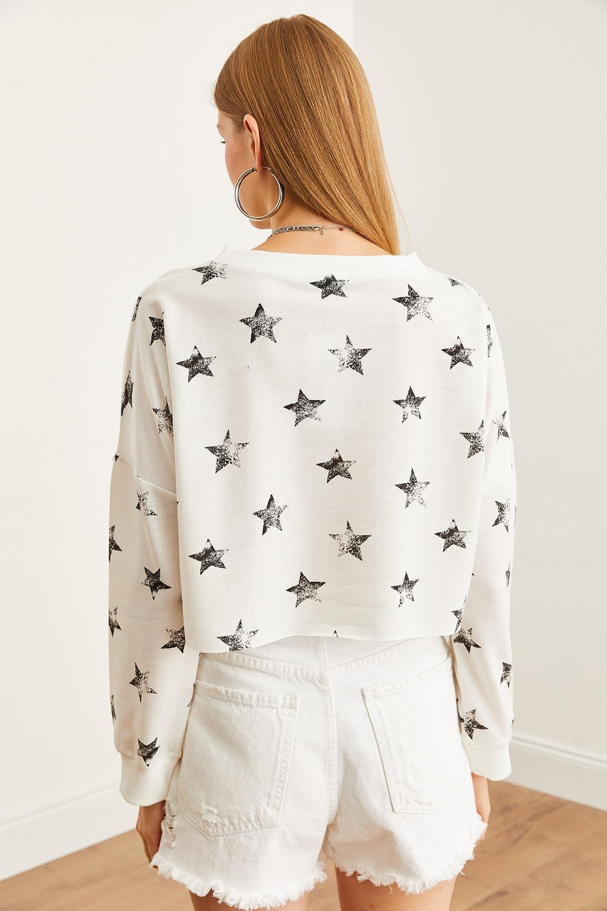 Baskılı Crop İnce Sweatshirt Varak Beyaz