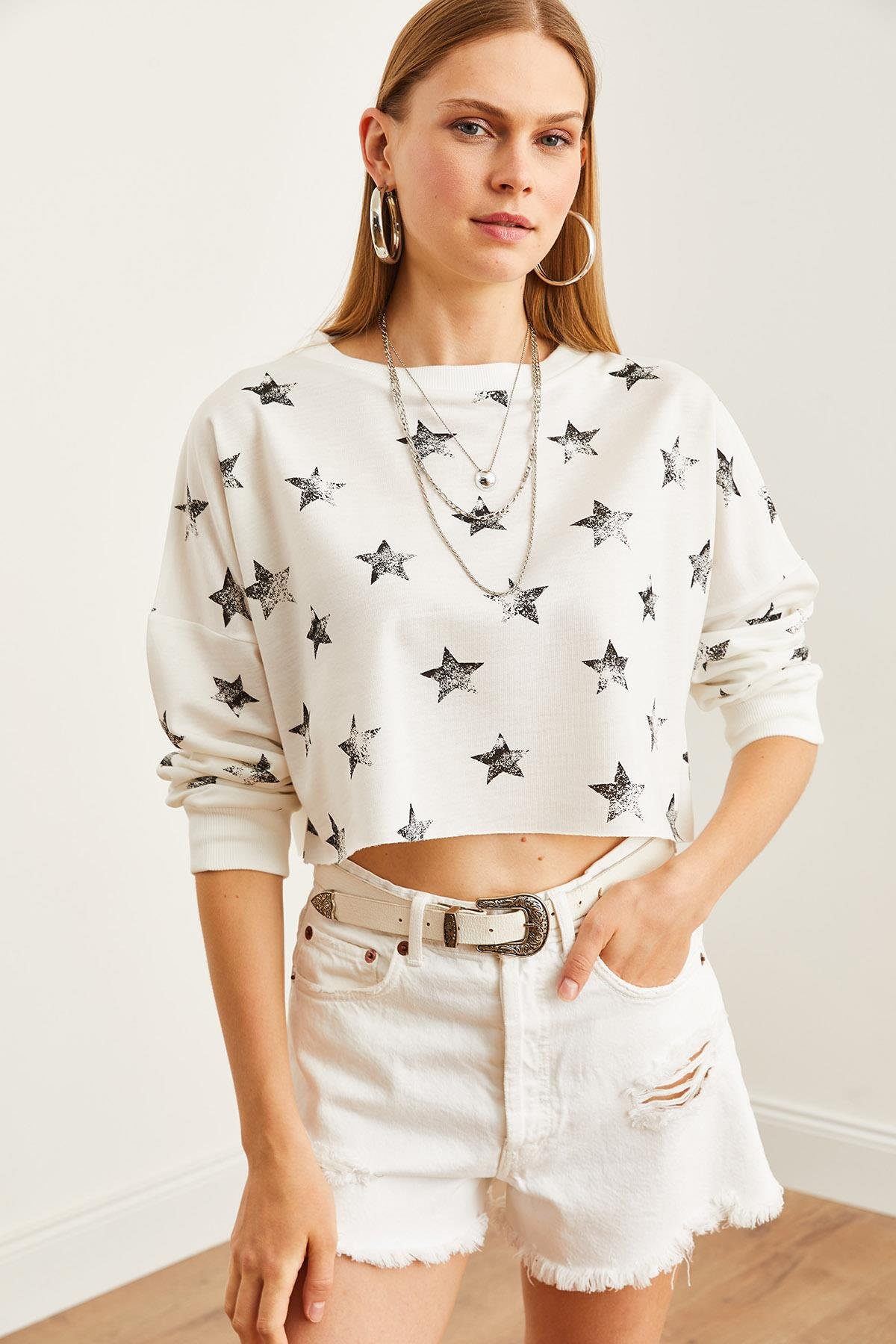 Baskılı Crop İnce Sweatshirt Varak Beyaz