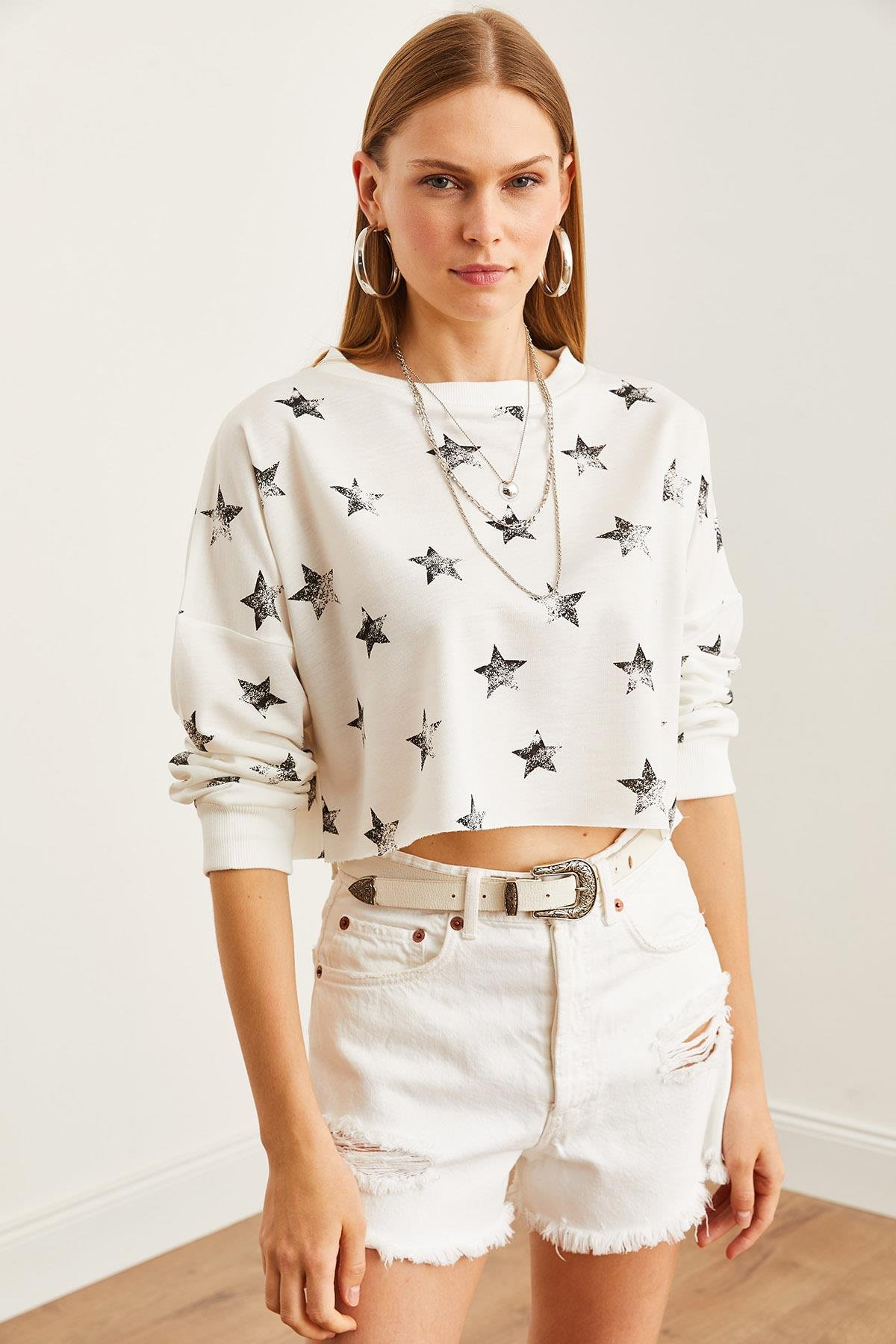 Baskılı Crop İnce Sweatshirt Varak Beyaz