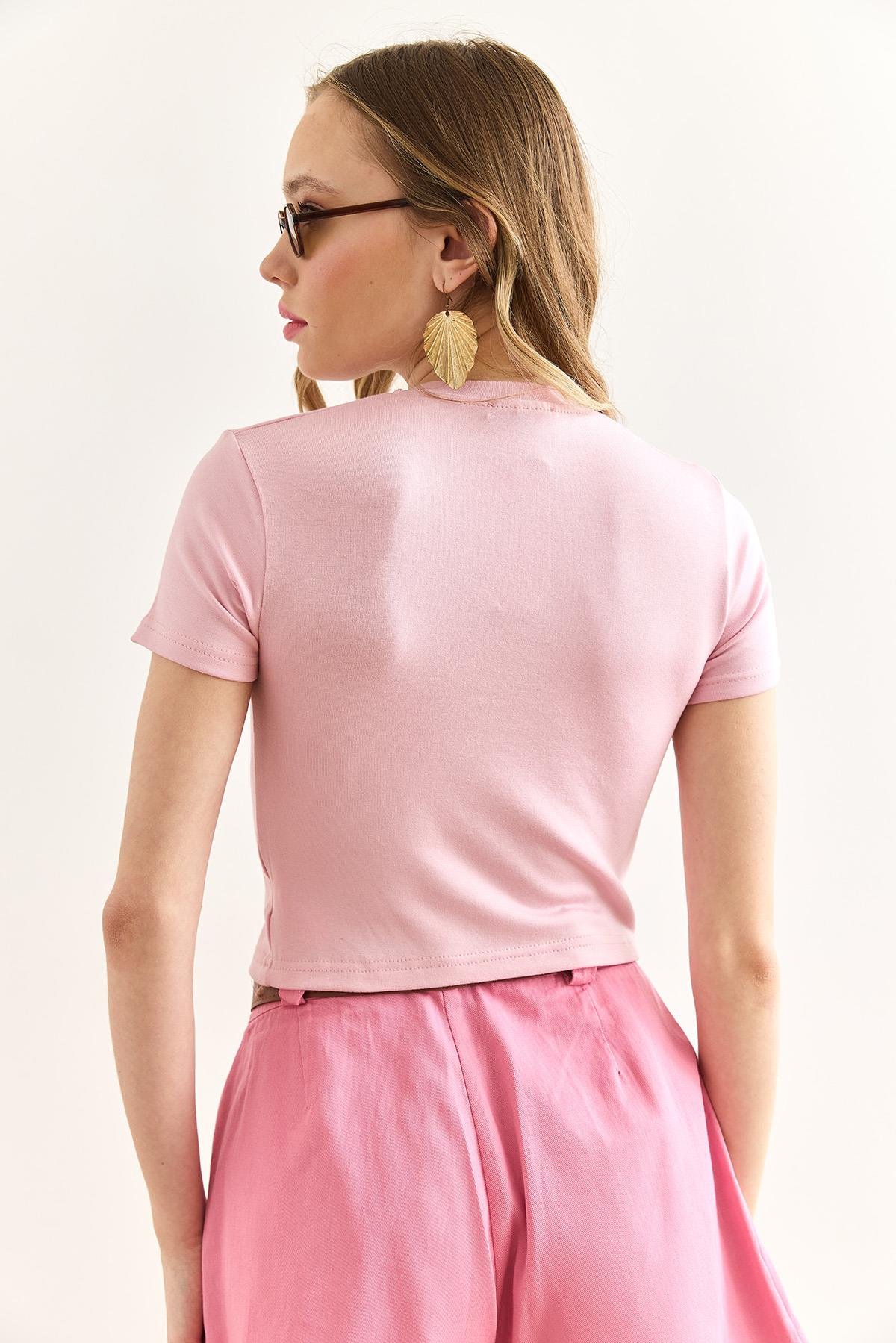 Baskılı Soft Touch Saran Esnek Body Palmiye Pembe