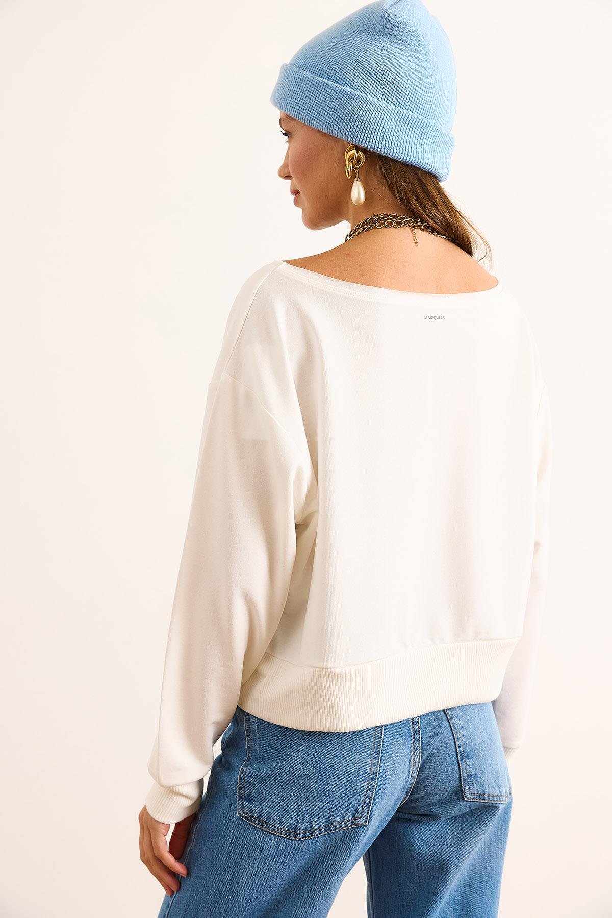 Bel Air Baskılı Kayık Yaka Sweatshirt Beyaz