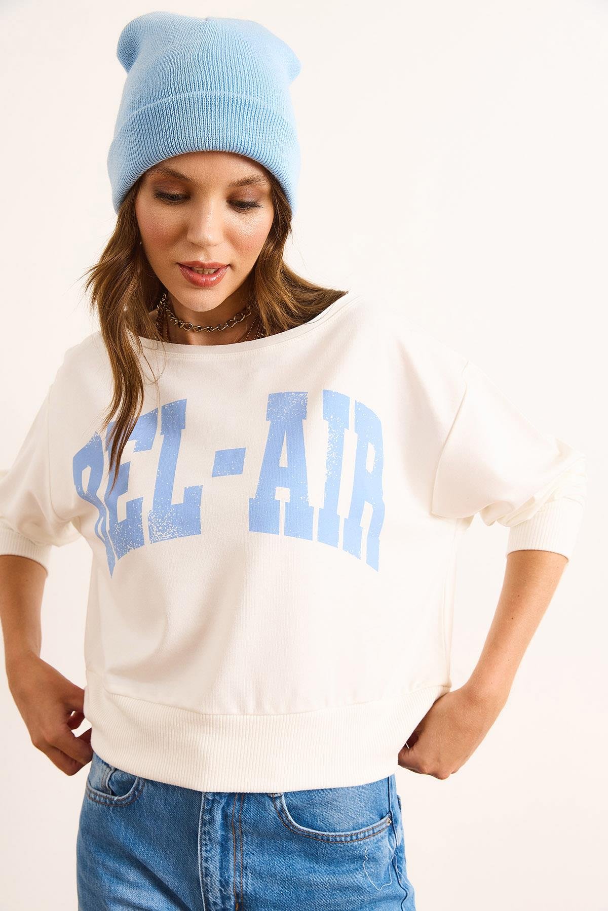 Bel Air Baskılı Kayık Yaka Sweatshirt Beyaz