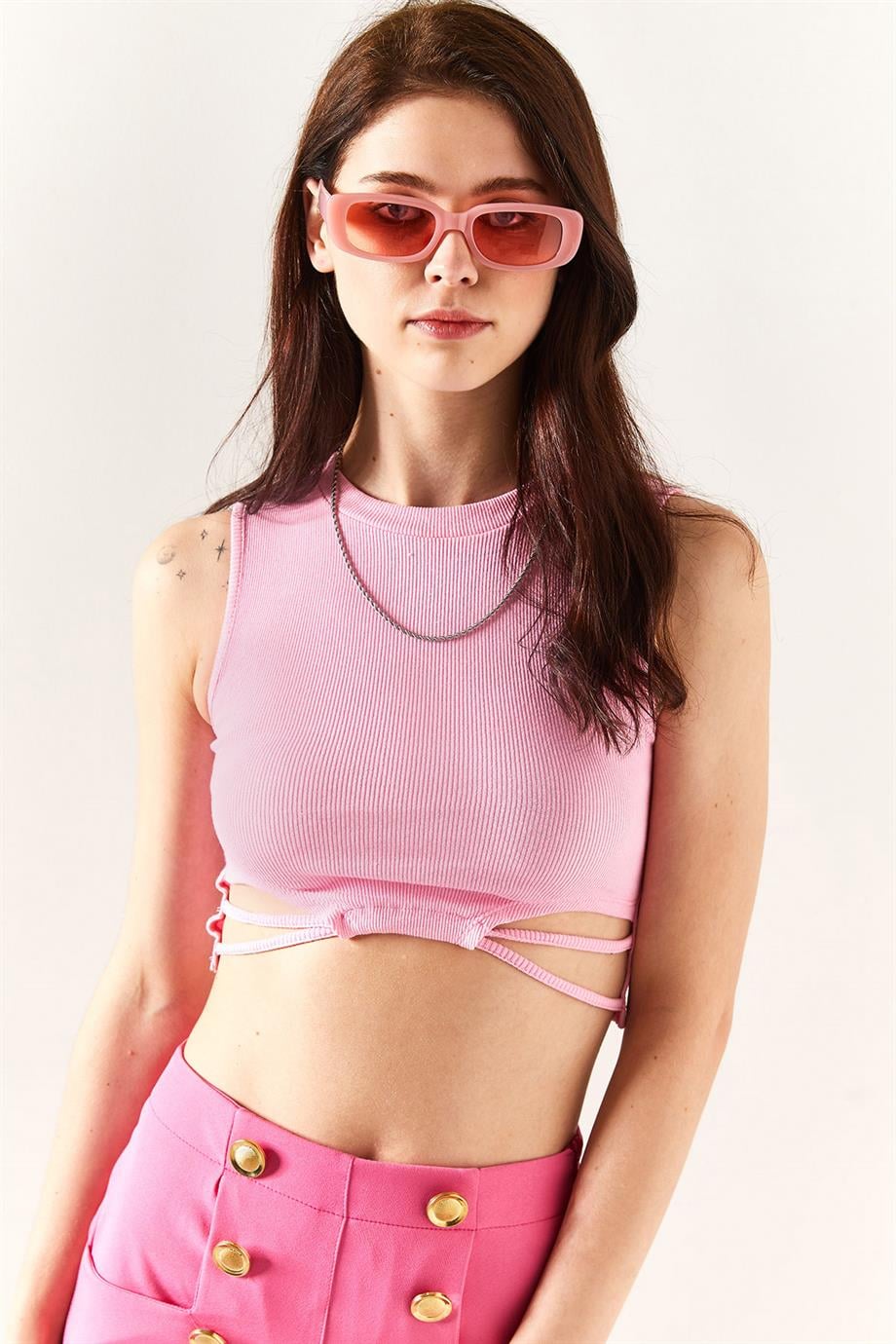 Bel Dekolteli Likralı Crop Bluz Şeker Pembe