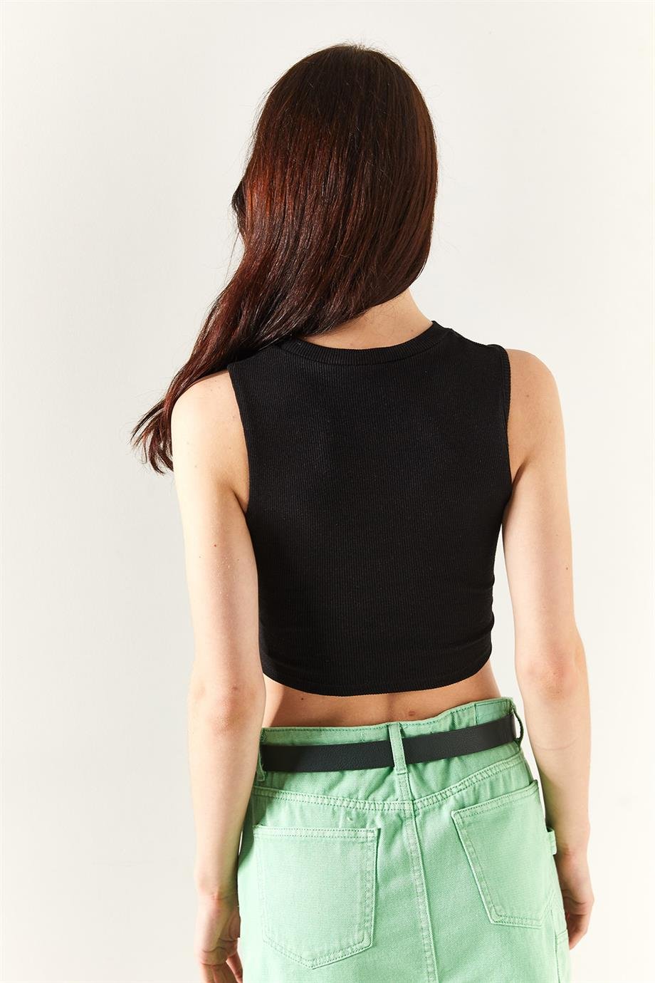 Bel Dekolteli Likralı Crop Bluz Siyah