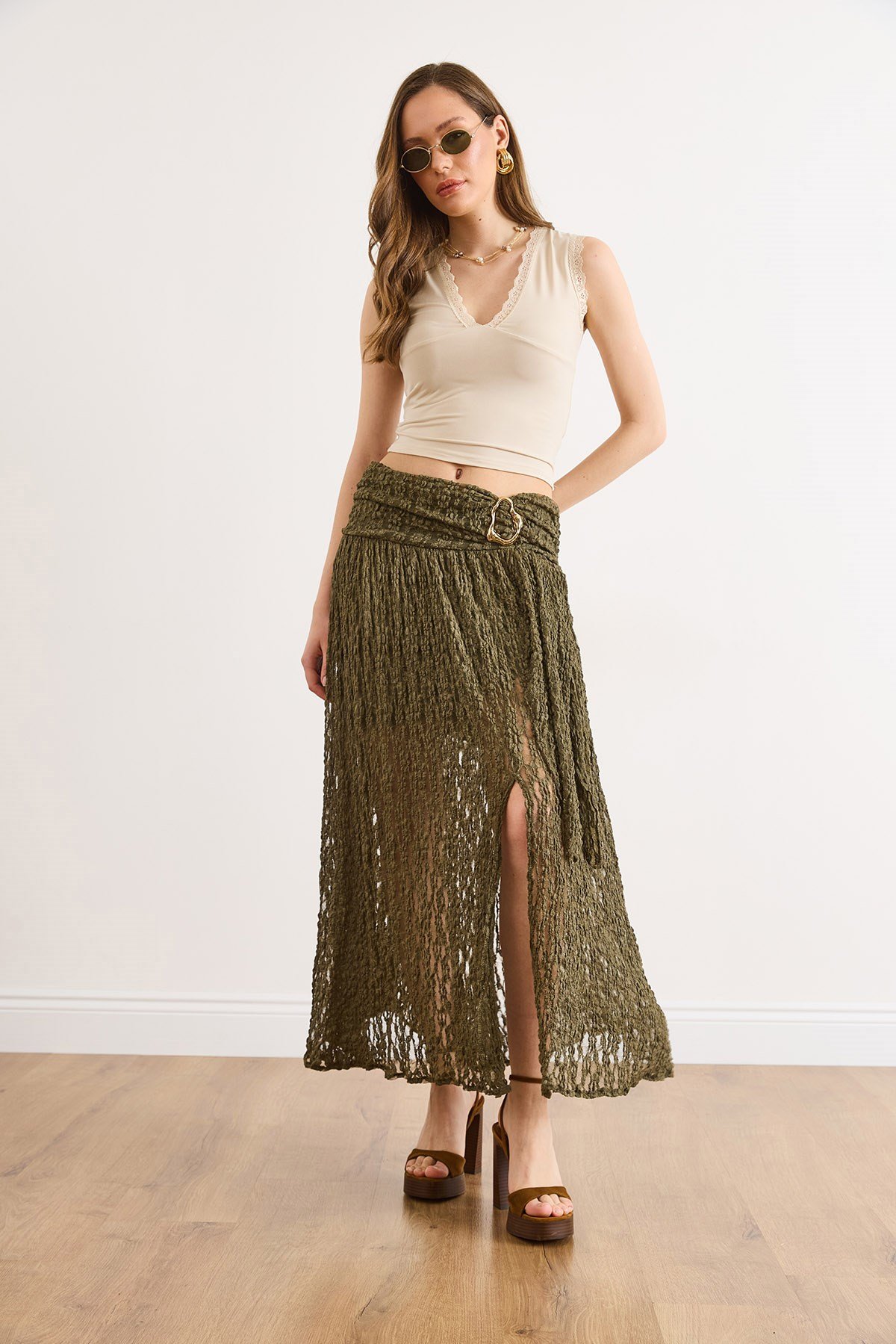 Beli Aksesuarlı Astarlı Yırtmaçlı Boho Etek Haki