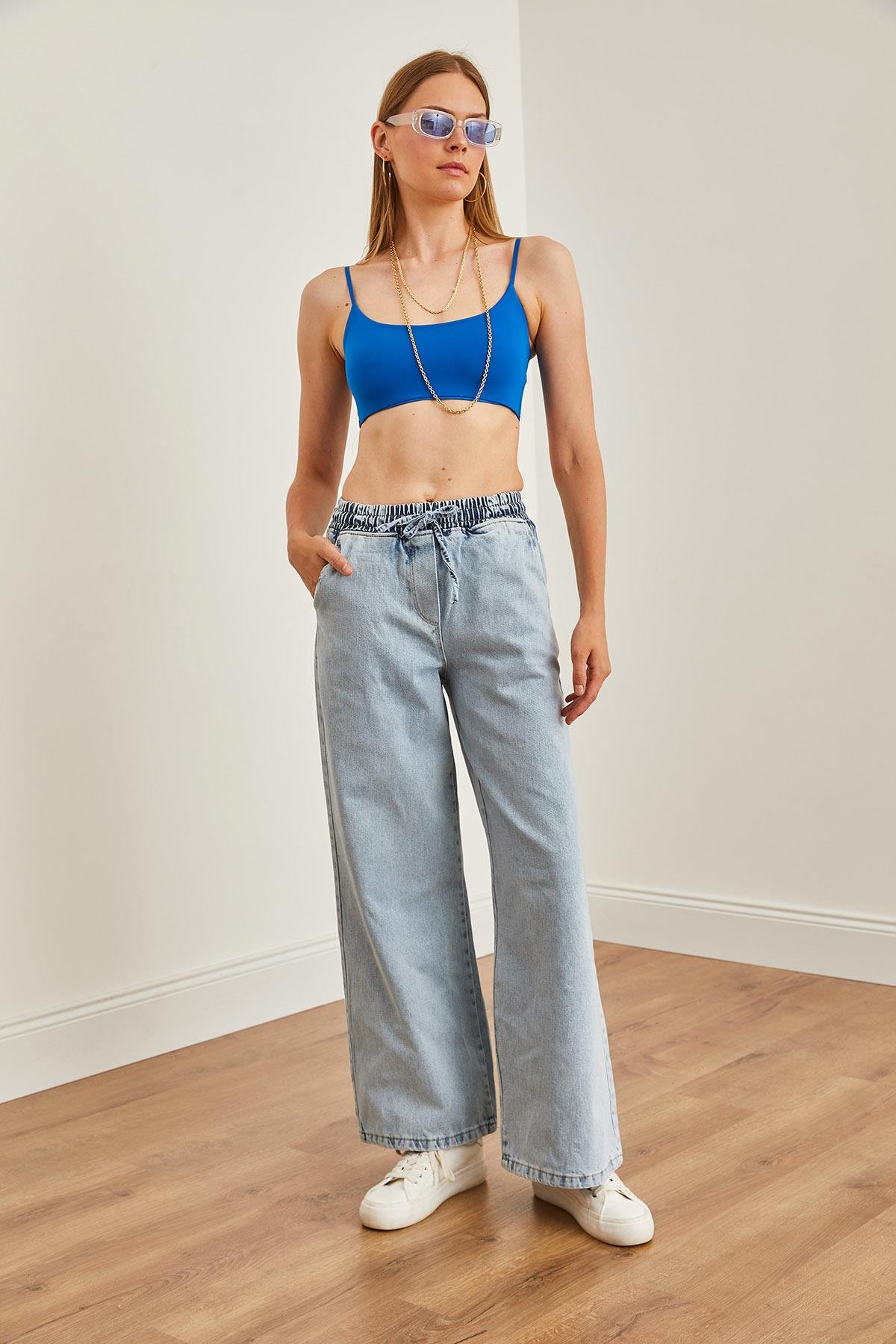 Beli Bağcıklı Cepli Palazzo Denim Pantolon Açık Mavi