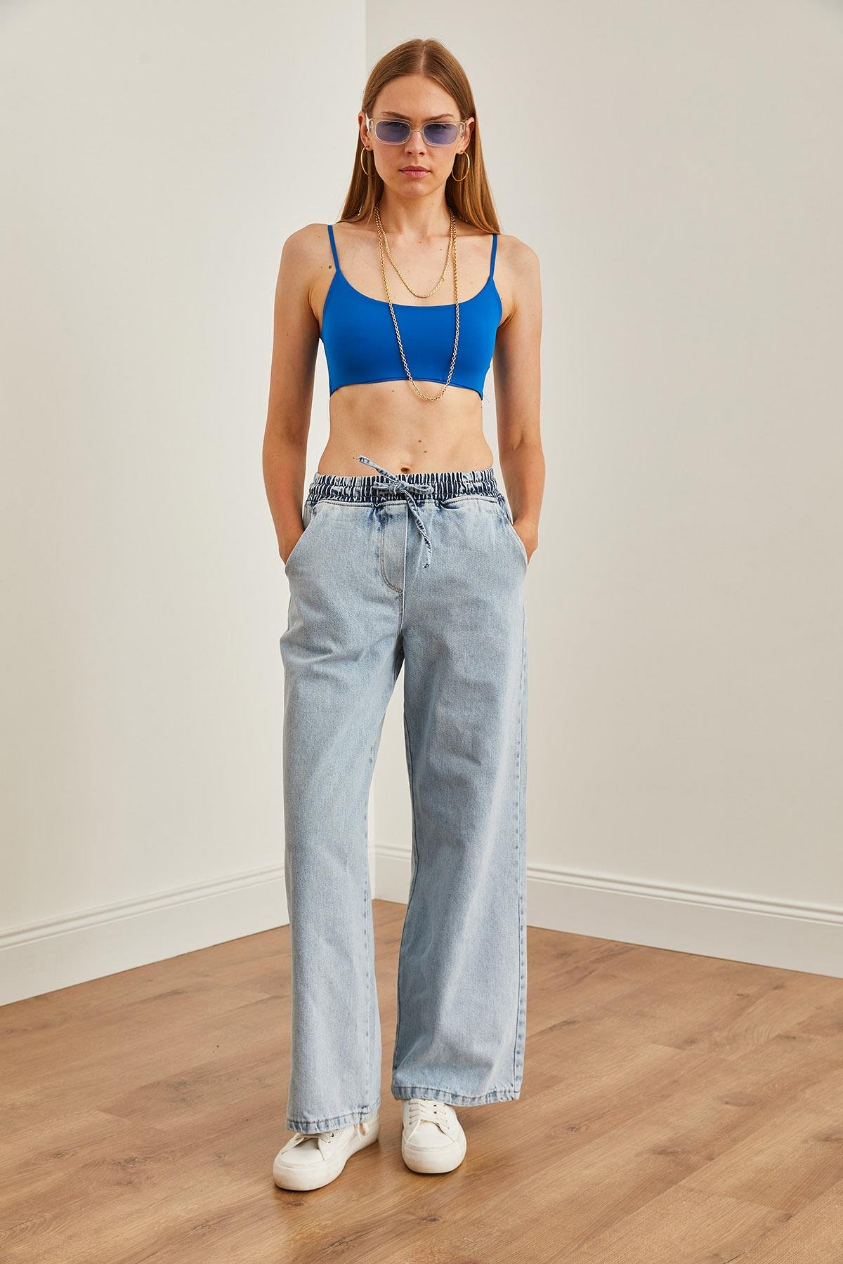 Beli Bağcıklı Cepli Palazzo Denim Pantolon Açık Mavi