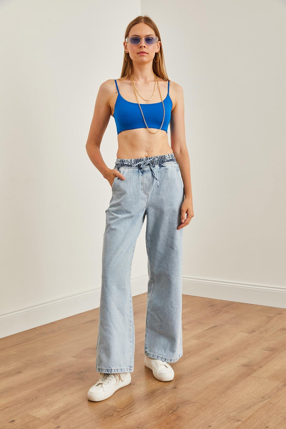 Beli Bağcıklı Cepli Palazzo Denim Pantolon Açık Mavi